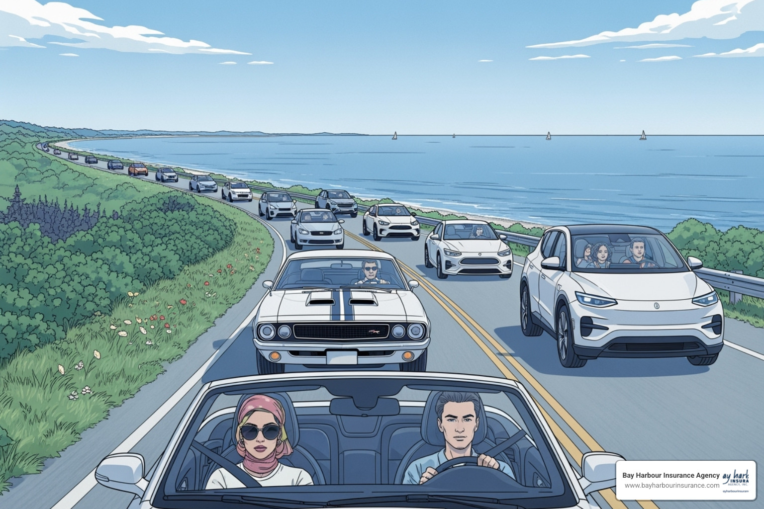 A diverse group of drivers and different types of cars on a scenic Long Island road, with blue skies and calm waters in the background - cheap car insurance A diverse group of drivers and different types of cars on a scenic Long Island road, with blue skies and calm waters in the background - cheap car insurance