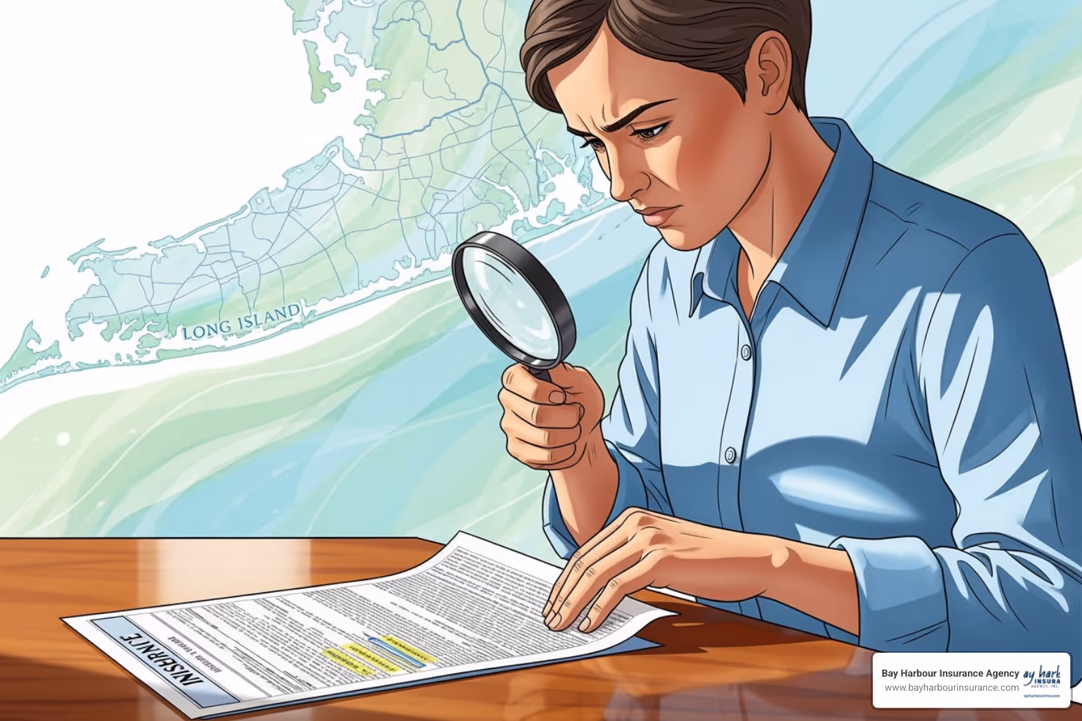 A person carefully reviewing an insurance document with a magnifying glass, with the subtle texture of a Long Island map in the background - cheap car insurance A person carefully reviewing an insurance document with a magnifying glass, with the subtle texture of a Long Island map in the background - cheap car insurance