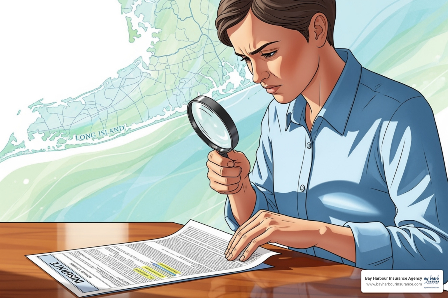 A person carefully reviewing an insurance document with a magnifying glass, with the subtle texture of a Long Island map in the background - cheap car insurance A person carefully reviewing an insurance document with a magnifying glass, with the subtle texture of a Long Island map in the background - cheap car insurance