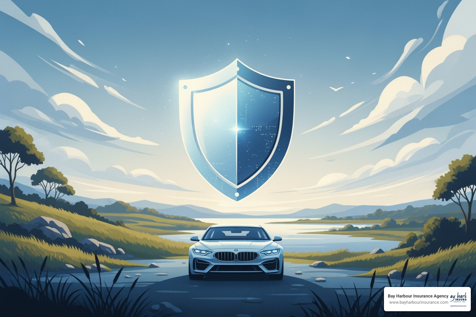 Illustration of a shield icon over a car, representing protection, with a calming blue and white palette and a Long Island natural environment in the background - car insurance quotes Illustration of a shield icon over a car, representing protection, with a calming blue and white palette and a Long Island natural environment in the background - car insurance quotes