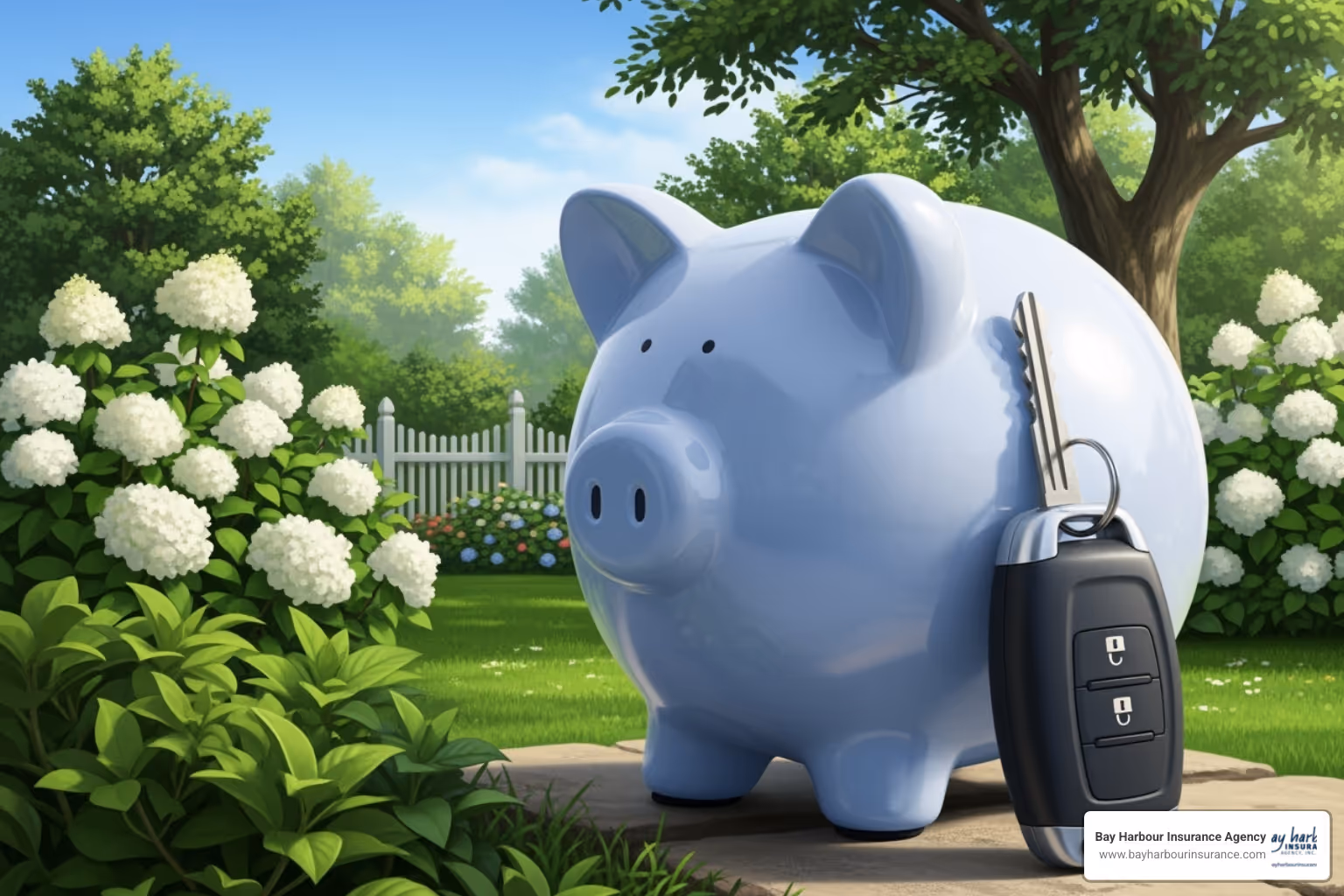 Illustration of a piggy bank with a car key next to it, surrounded by elements of a Long Island home and garden, in a calming blue and white palette - car insurance quotes Illustration of a piggy bank with a car key next to it, surrounded by elements of a Long Island home and garden, in a calming blue and white palette - car insurance quotes
