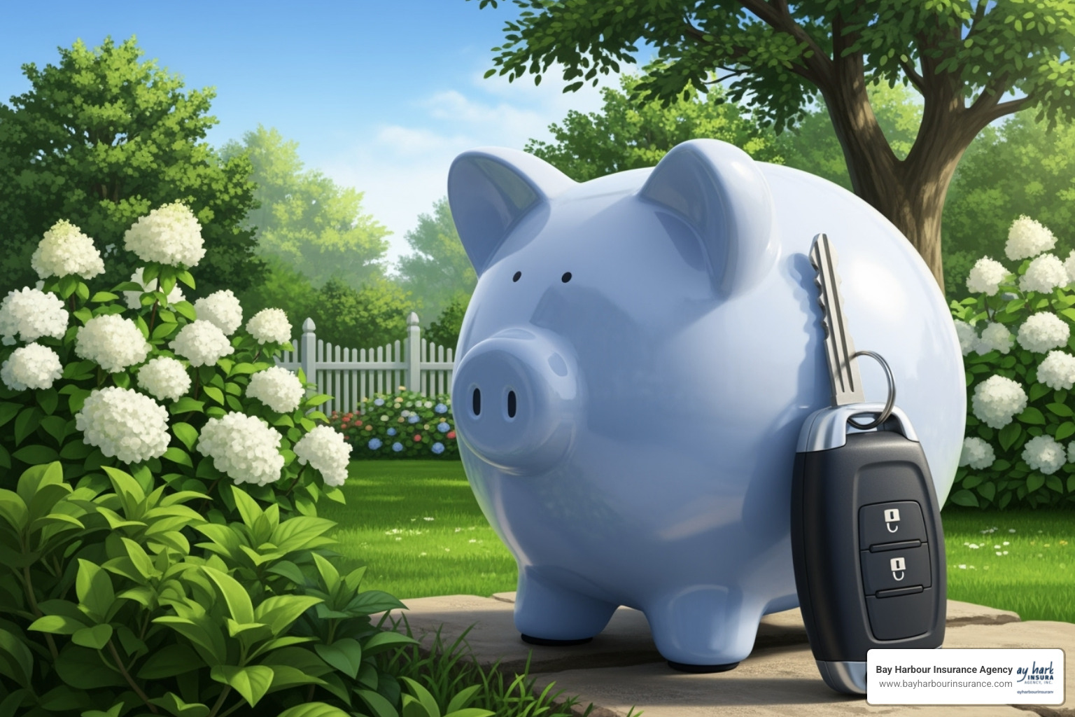 Illustration of a piggy bank with a car key next to it, surrounded by elements of a Long Island home and garden, in a calming blue and white palette - car insurance quotes Illustration of a piggy bank with a car key next to it, surrounded by elements of a Long Island home and garden, in a calming blue and white palette - car insurance quotes