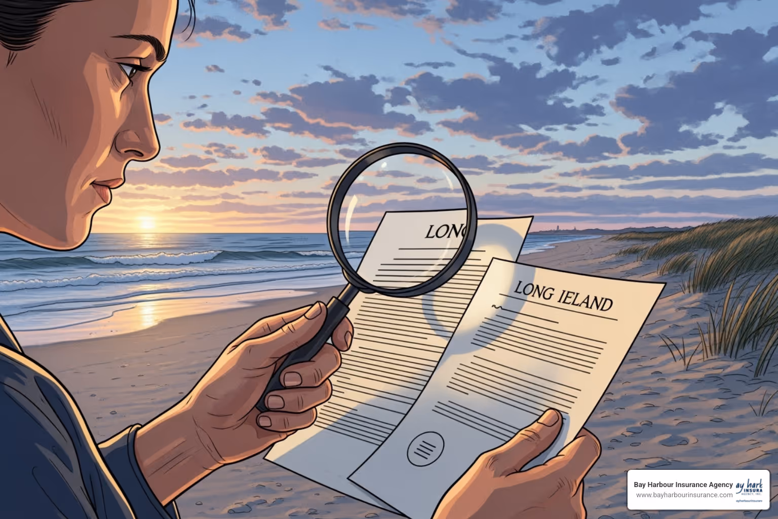 Illustration of a person comparing two documents with a magnifying glass, set against a backdrop of a serene Long Island beach at sunset - car insurance quotes Illustration of a person comparing two documents with a magnifying glass, set against a backdrop of a serene Long Island beach at sunset - car insurance quotes