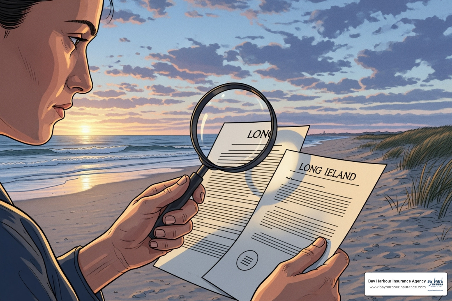 Illustration of a person comparing two documents with a magnifying glass, set against a backdrop of a serene Long Island beach at sunset - car insurance quotes Illustration of a person comparing two documents with a magnifying glass, set against a backdrop of a serene Long Island beach at sunset - car insurance quotes
