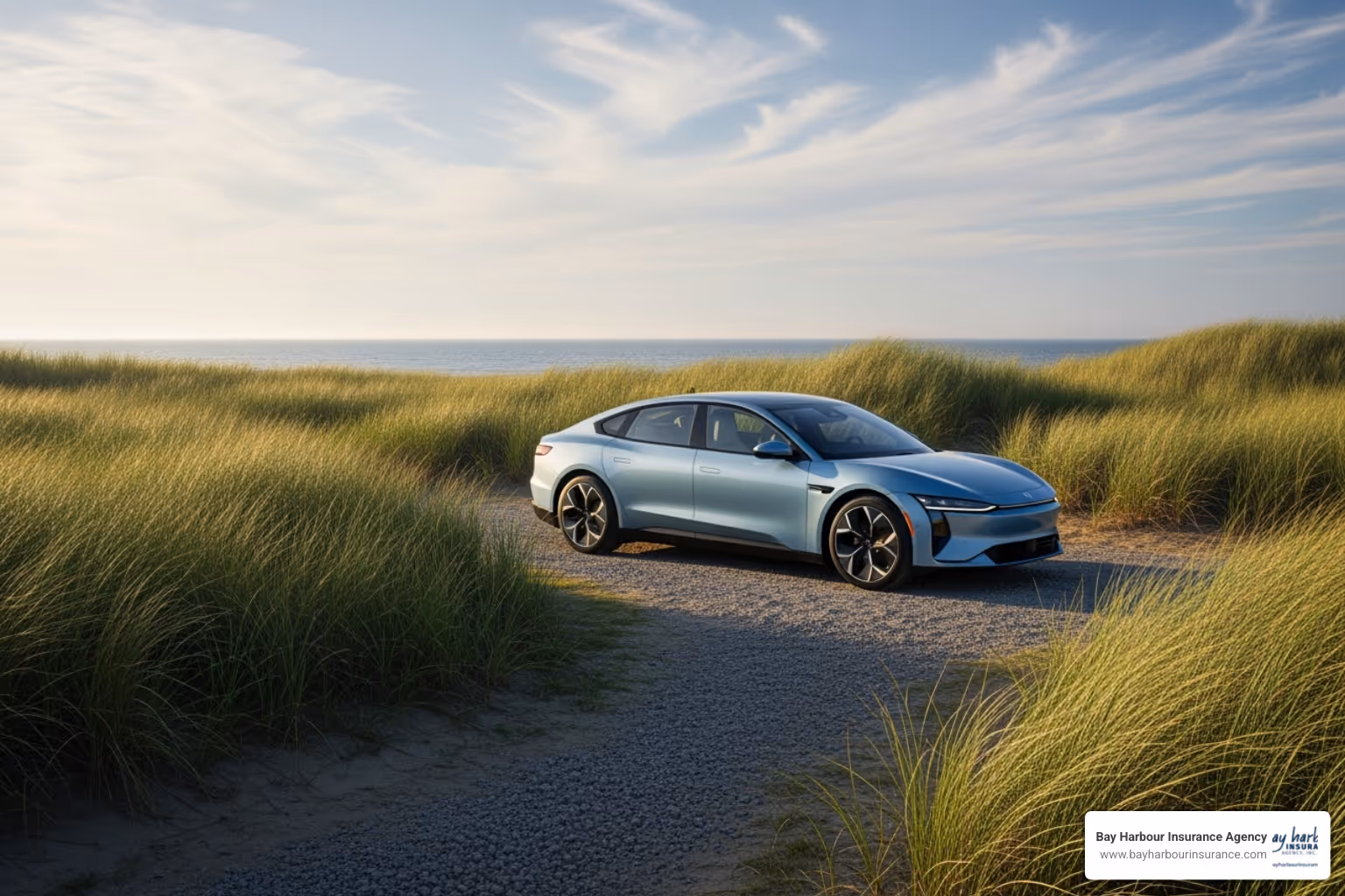 illustration of car parked in long island dunes near ocean