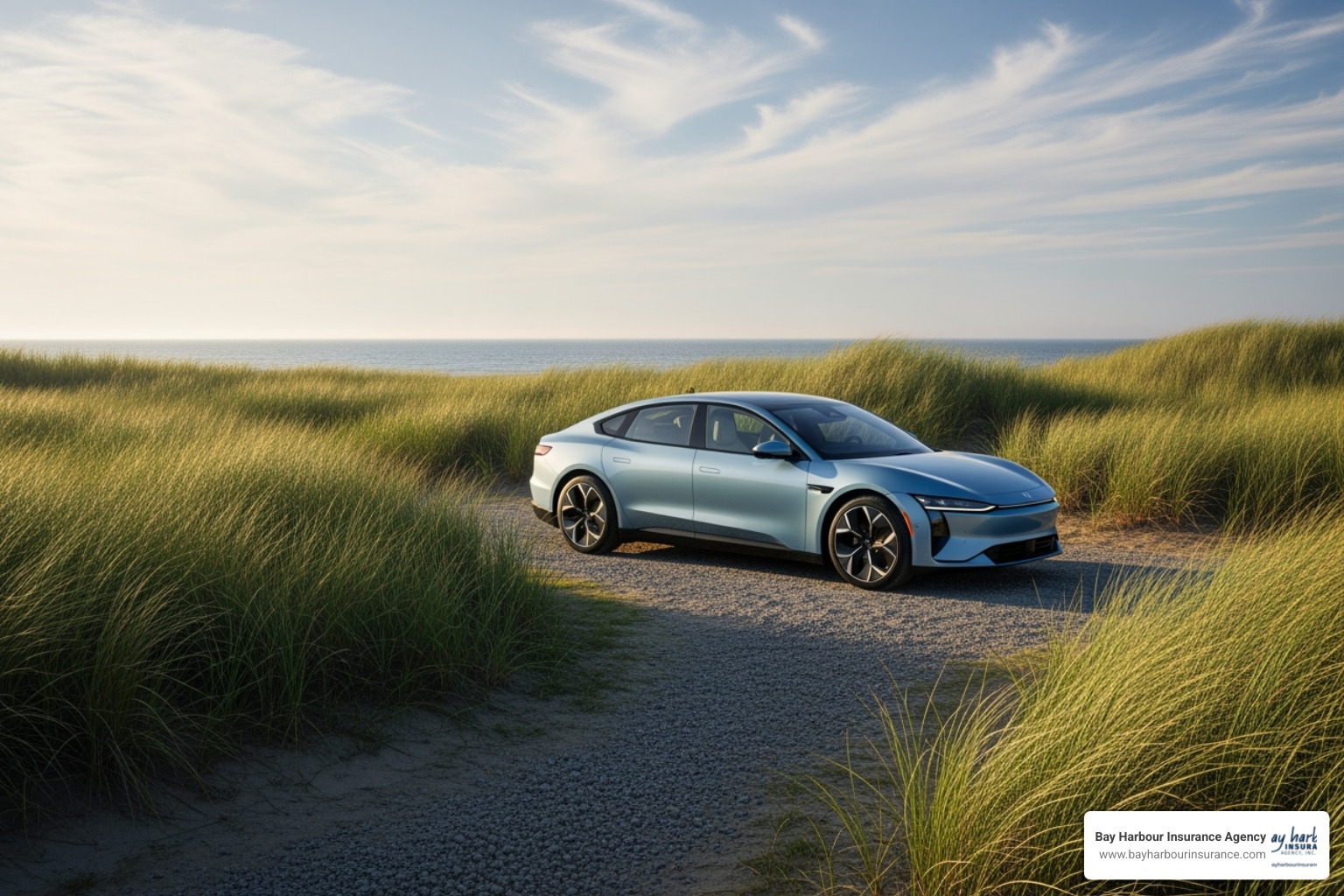illustration of car parked in long island dunes near ocean