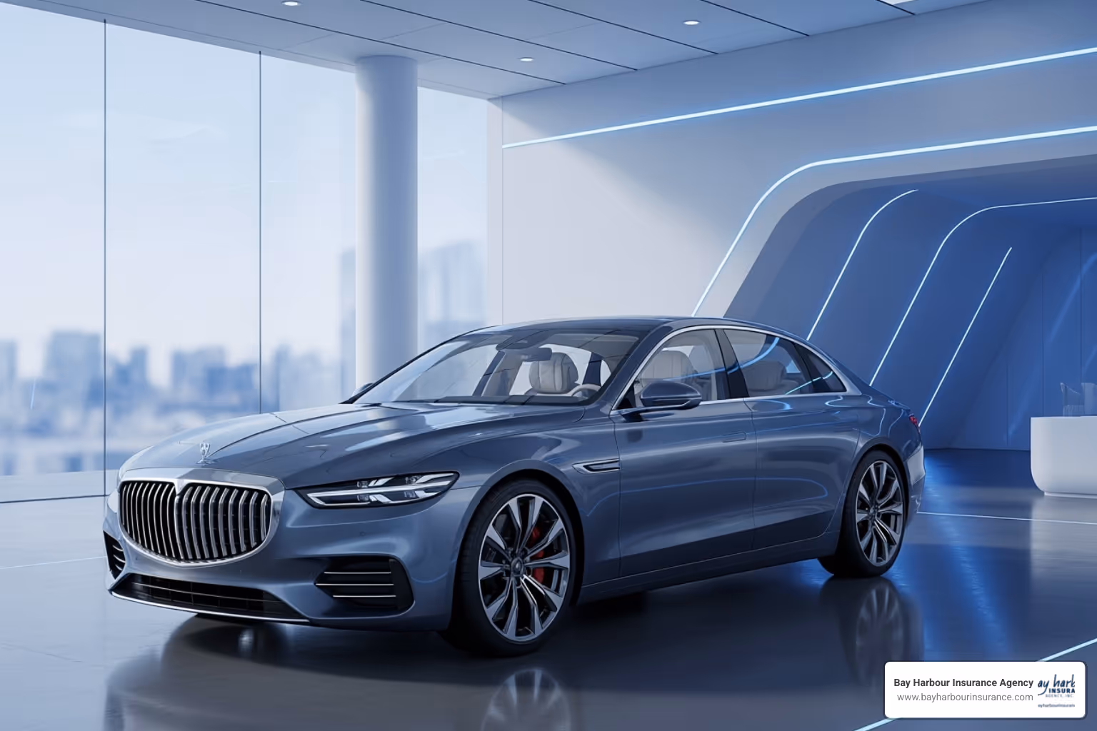 Illustrative image of a new car in a dealership showroom, gleaming under soft lights, with subtle textures and realistic shading. The background evokes a sense of aspiration and new beginnings, with a calming blue and white color palette. The image is in landscape orientation, with a sense of depth and dimensionality, avoiding stereotypes. - full coverage car insurance Illustrative image of a new car in a dealership showroom, gleaming under soft lights, with subtle textures and realistic shading. The background evokes a sense of aspiration and new beginnings, with a calming blue and white color palette. The image is in landscape orientation, with a sense of depth and dimensionality, avoiding stereotypes. - full coverage car insurance