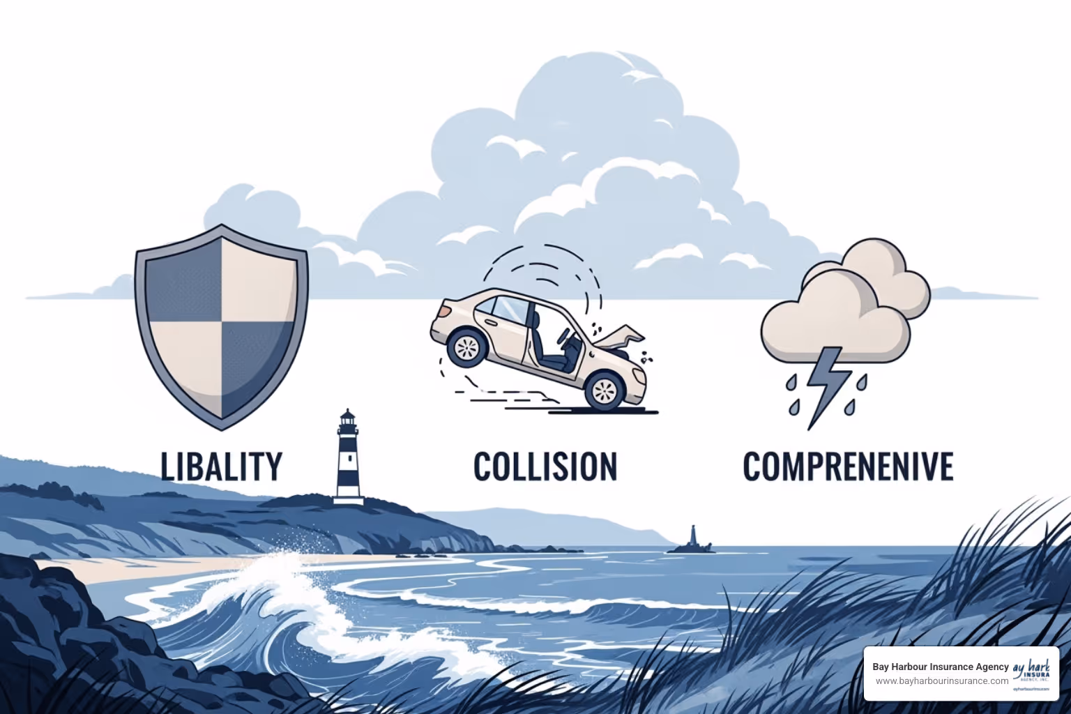 Illustrative image of three icons representing liability, collision, and comprehensive insurance coverages, arranged in a balanced composition to convey stability and completeness. The icons are designed with subtle textures and realistic shading, featuring a calming color palette of blue and white. The background suggests a Long Island, NY natural environment, with a sense of depth and dimensionality, in landscape orientation. - full coverage car insurance Illustrative image of three icons representing liability, collision, and comprehensive insurance coverages, arranged in a balanced composition to convey stability and completeness. The icons are designed with subtle textures and realistic shading, featuring a calming color palette of blue and white. The background suggests a Long Island, NY natural environment, with a sense of depth and dimensionality, in landscape orientation. - full coverage car insurance