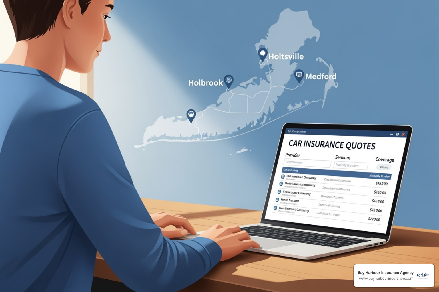 An illustration of a person on a laptop comparing insurance quotes, with a stylized map of Long Island in the background, featuring subtle landmarks from Holbrook, Holtsville, and Medford. The scene uses a calming blue and white color palette, with realistic shading and depth. - vacant house insurance