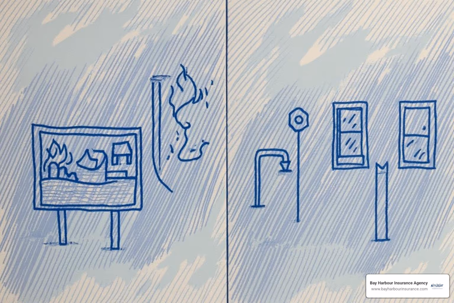 An illustration of a checklist graphic, divided into two columns. The left column, labeled "Covered Perils (Typically Included)," shows icons for fire (flames), wind (wind gusts), and a safe house. The right column, labeled "Common Exclusions (Unless Endorsed)," displays icons for a broken pipe (water leak), shattered window (vandalism), and a "No Entry" sign. The overall design uses calming blues and whites with subtle textures. - vacant house insurance An illustration of a checklist graphic, divided into two columns. The left column, labeled "Covered Perils (Typically Included)," shows icons for fire (flames), wind (wind gusts), and a safe house. The right column, labeled "Common Exclusions (Unless Endorsed)," displays icons for a broken pipe (water leak), shattered window (vandalism), and a "No Entry" sign. The overall design uses calming blues and whites with subtle textures. - vacant house insurance