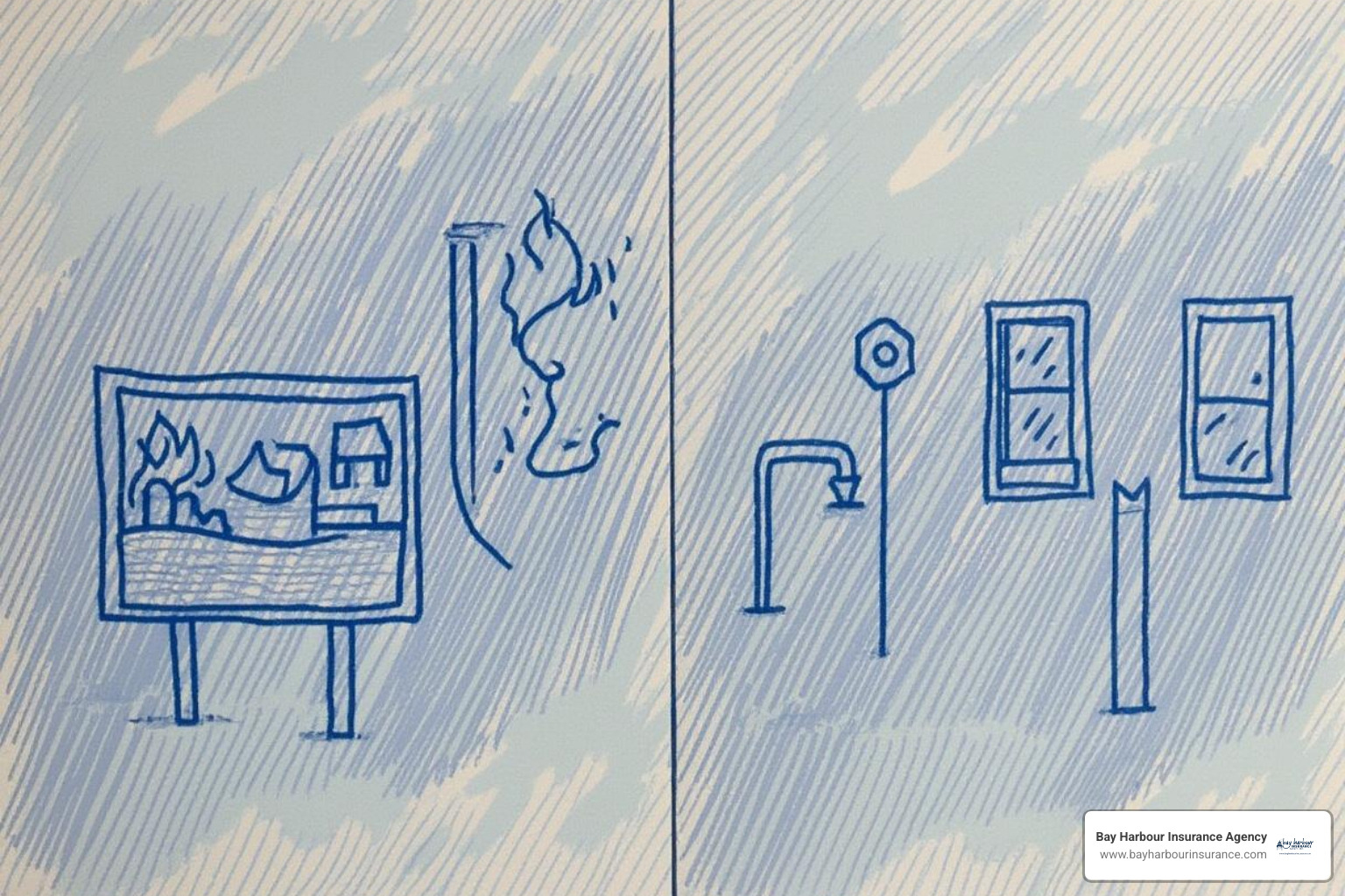 An illustration of a checklist graphic, divided into two columns. The left column, labeled "Covered Perils (Typically Included)," shows icons for fire (flames), wind (wind gusts), and a safe house. The right column, labeled "Common Exclusions (Unless Endorsed)," displays icons for a broken pipe (water leak), shattered window (vandalism), and a "No Entry" sign. The overall design uses calming blues and whites with subtle textures. - vacant house insurance