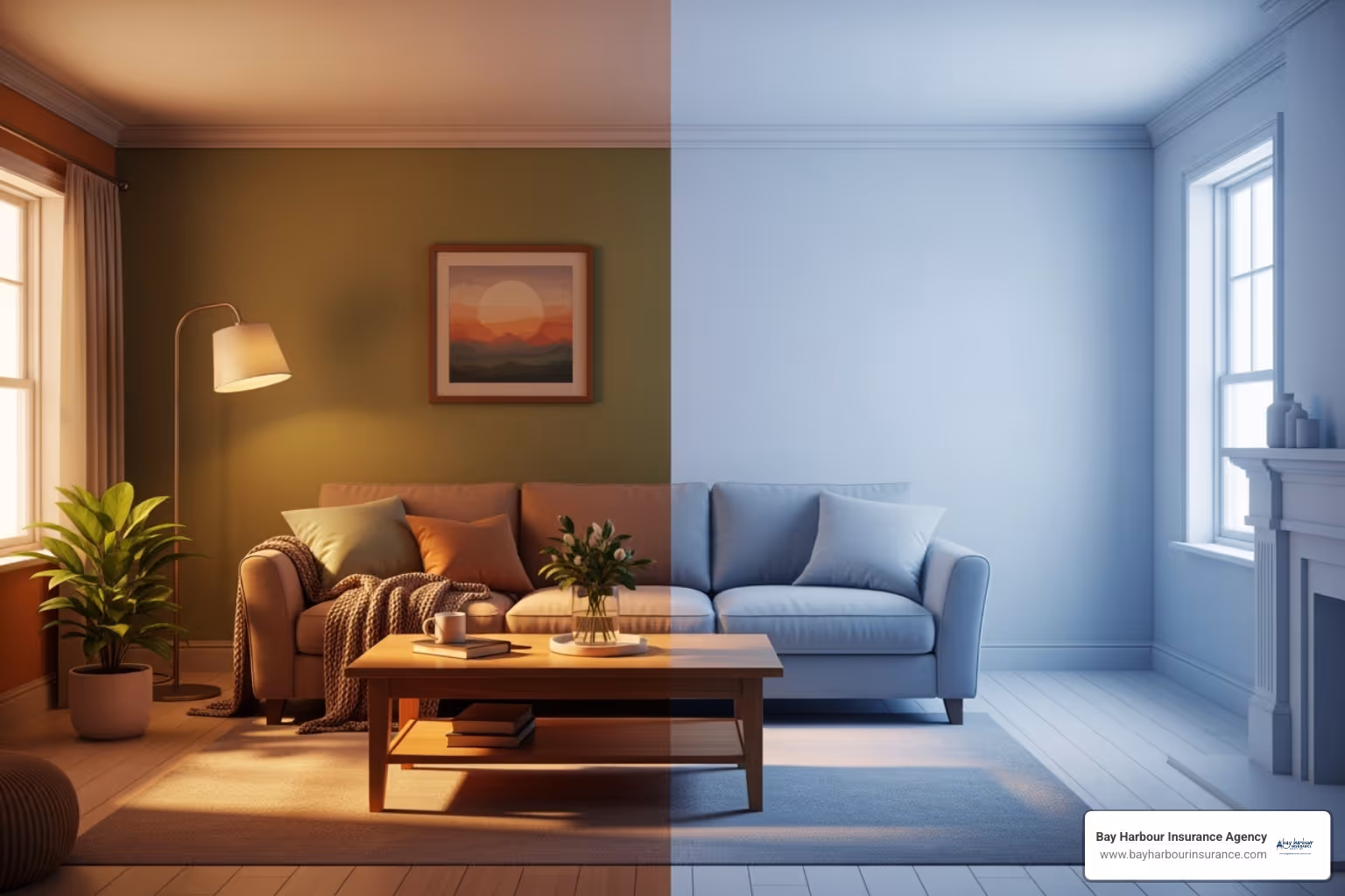A split-screen illustration showing a furnished, lived-in living room on one side with warm, inviting colors, and the same room completely empty on the other side, depicted with cool blues and whites, reflecting the stark contrast for insurance purposes. - vacant house insurance A split-screen illustration showing a furnished, lived-in living room on one side with warm, inviting colors, and the same room completely empty on the other side, depicted with cool blues and whites, reflecting the stark contrast for insurance purposes. - vacant house insurance