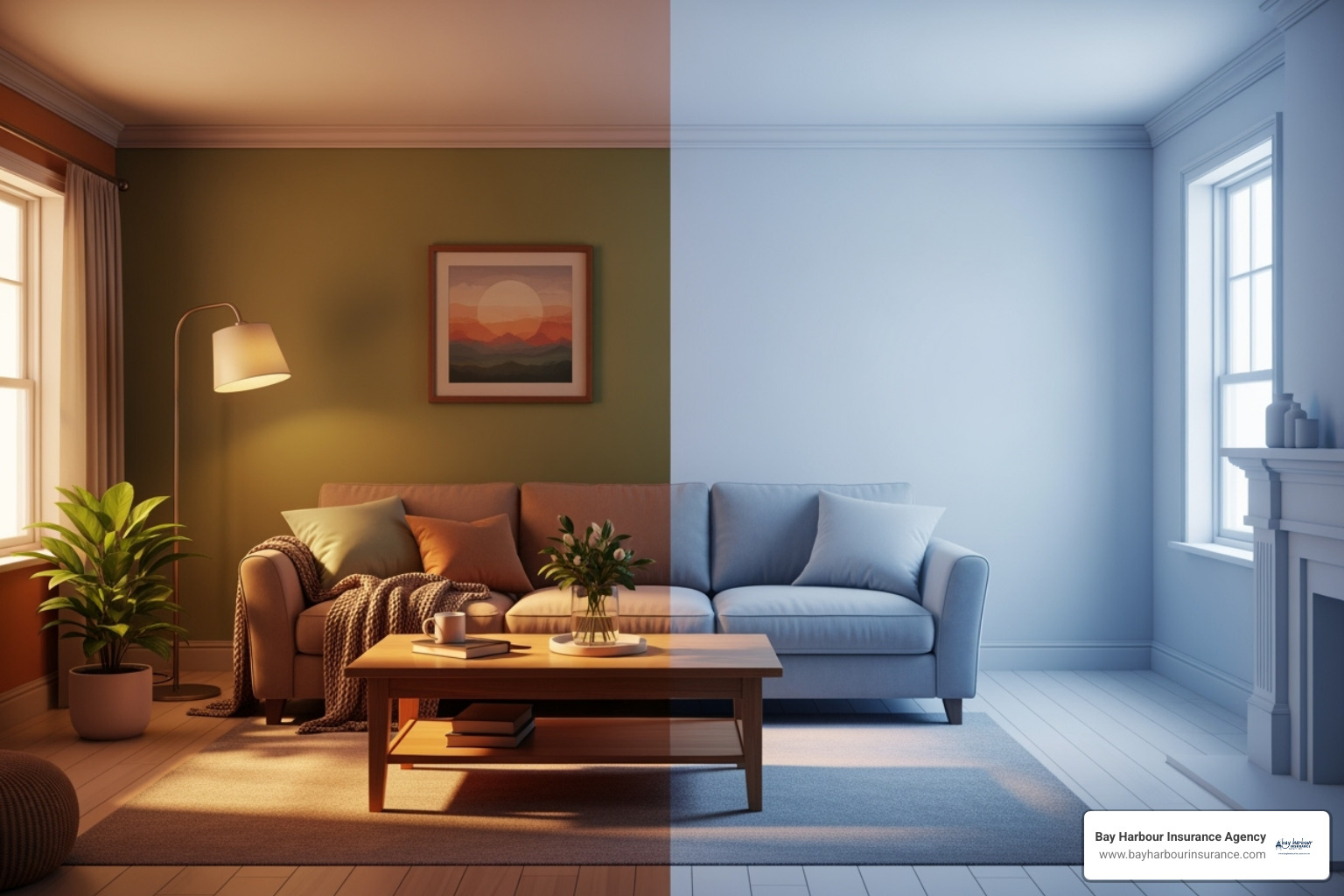 A split-screen illustration showing a furnished, lived-in living room on one side with warm, inviting colors, and the same room completely empty on the other side, depicted with cool blues and whites, reflecting the stark contrast for insurance purposes. - vacant house insurance