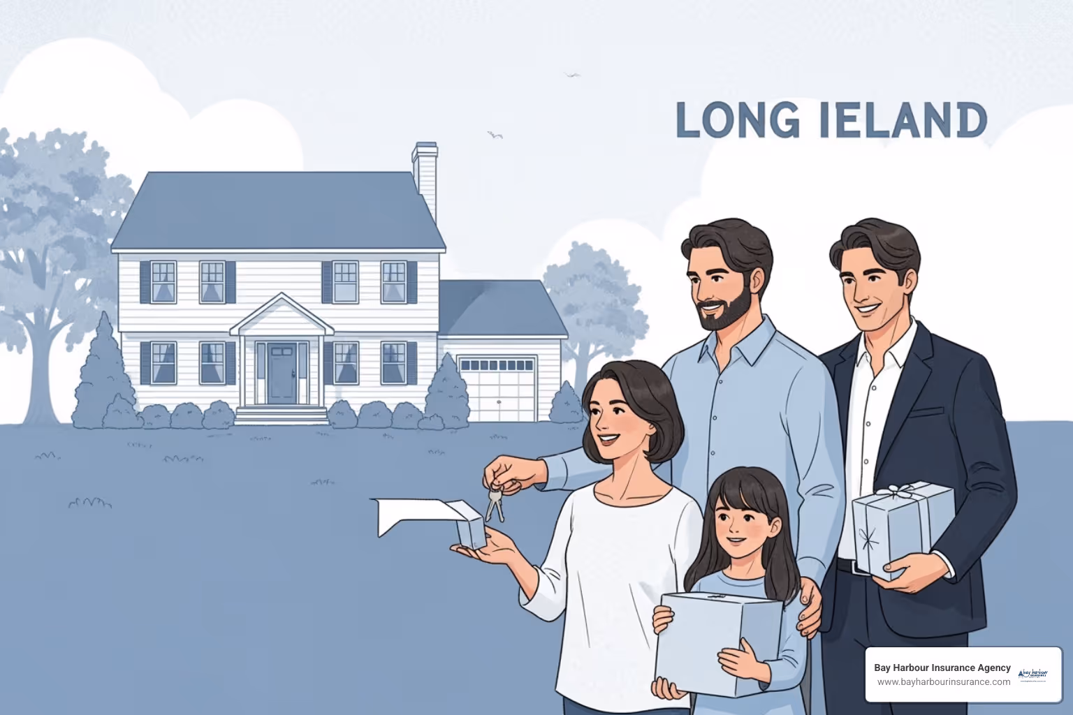 An illustration of a family happily receiving keys to their new home in a suburban Long Island neighborhood, with their old, now-vacant home secure and well-maintained in the background. The image uses a calming blue and white color palette, subtle textures, and a sense of depth, with a focus on natural environments. - vacant house insurance An illustration of a family happily receiving keys to their new home in a suburban Long Island neighborhood, with their old, now-vacant home secure and well-maintained in the background. The image uses a calming blue and white color palette, subtle textures, and a sense of depth, with a focus on natural environments. - vacant house insurance
