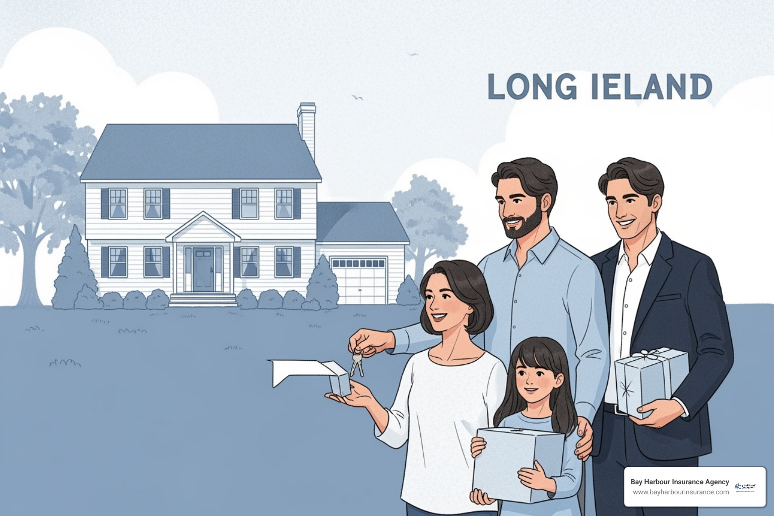 An illustration of a family happily receiving keys to their new home in a suburban Long Island neighborhood, with their old, now-vacant home secure and well-maintained in the background. The image uses a calming blue and white color palette, subtle textures, and a sense of depth, with a focus on natural environments. - vacant house insurance