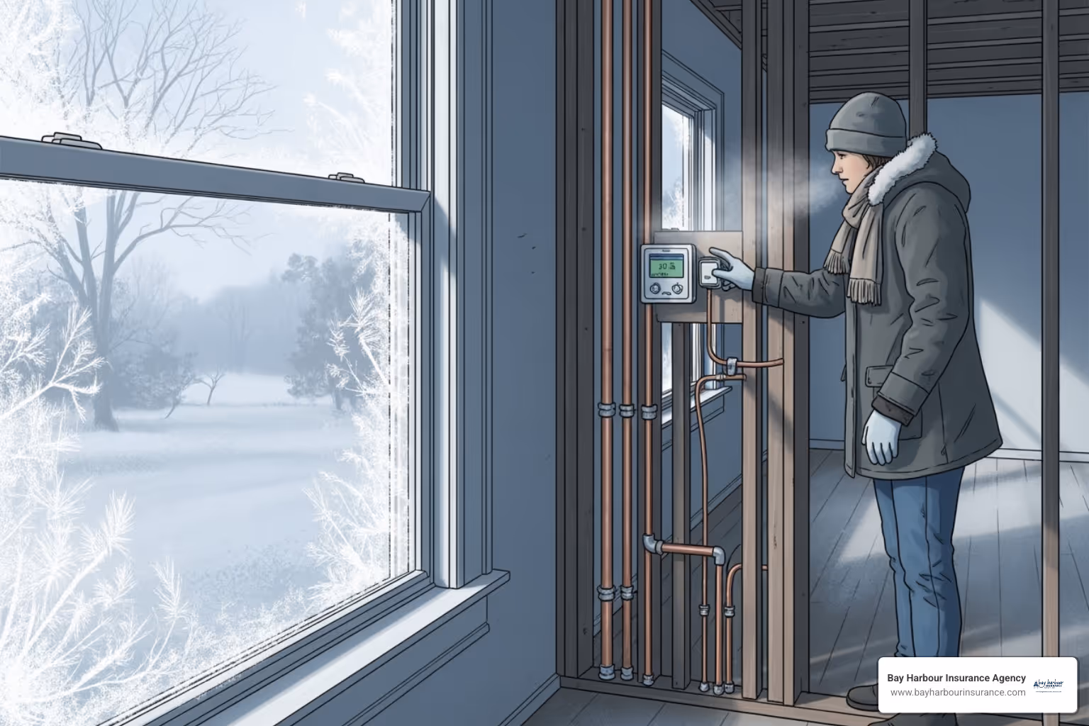An illustration of a person checking the thermostat and pipes in an otherwise empty house during winter, with frost visible on the window. The scene is depicted with a calming blue and white palette, subtle textures, and a sense of depth, focusing on the Long Island natural environment. - vacant house insurance An illustration of a person checking the thermostat and pipes in an otherwise empty house during winter, with frost visible on the window. The scene is depicted with a calming blue and white palette, subtle textures, and a sense of depth, focusing on the Long Island natural environment. - vacant house insurance