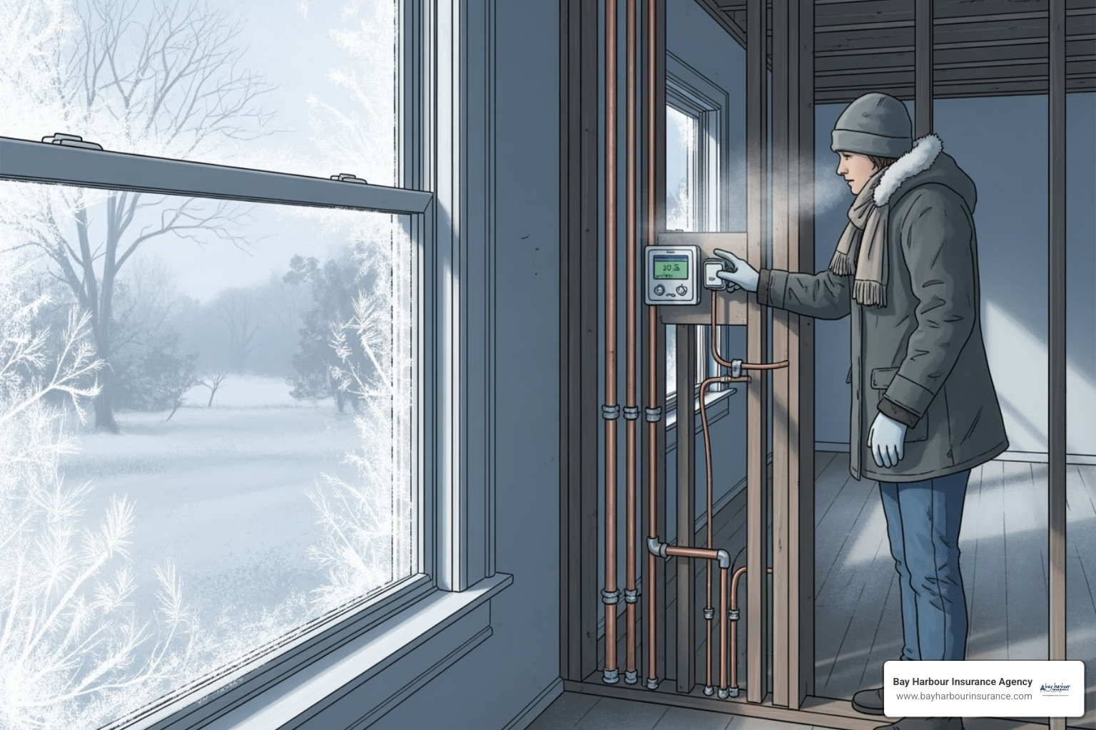 An illustration of a person checking the thermostat and pipes in an otherwise empty house during winter, with frost visible on the window. The scene is depicted with a calming blue and white palette, subtle textures, and a sense of depth, focusing on the Long Island natural environment. - vacant house insurance