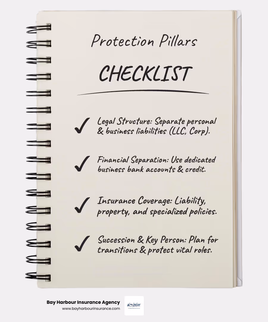 Infographic showing four pillars of business owner protection: Legal Structure pillar showing LLC and Corporation options, Financial Separation pillar displaying separate business and personal bank accounts, Insurance Coverage pillar featuring policy documents for liability and property protection, and Succession Planning pillar illustrating key person insurance and buy-sell agreements, all connected by arrows showing their interdependence in protecting Long Island business owners - Business owner protection infographic checklist-notebook Infographic showing four pillars of business owner protection: Legal Structure pillar showing LLC and Corporation options, Financial Separation pillar displaying separate business and personal bank accounts, Insurance Coverage pillar featuring policy documents for liability and property protection, and Succession Planning pillar illustrating key person insurance and buy-sell agreements, all connected by arrows showing their interdependence in protecting Long Island business owners - Business owner protection infographic checklist-notebook