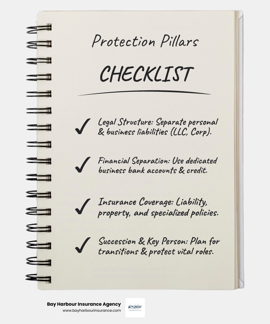 Infographic showing four pillars of business owner protection: Legal Structure pillar showing LLC and Corporation options, Financial Separation pillar displaying separate business and personal bank accounts, Insurance Coverage pillar featuring policy documents for liability and property protection, and Succession Planning pillar illustrating key person insurance and buy-sell agreements, all connected by arrows showing their interdependence in protecting Long Island business owners - Business owner protection infographic checklist-notebook Infographic showing four pillars of business owner protection: Legal Structure pillar showing LLC and Corporation options, Financial Separation pillar displaying separate business and personal bank accounts, Insurance Coverage pillar featuring policy documents for liability and property protection, and Succession Planning pillar illustrating key person insurance and buy-sell agreements, all connected by arrows showing their interdependence in protecting Long Island business owners - Business owner protection infographic checklist-notebook