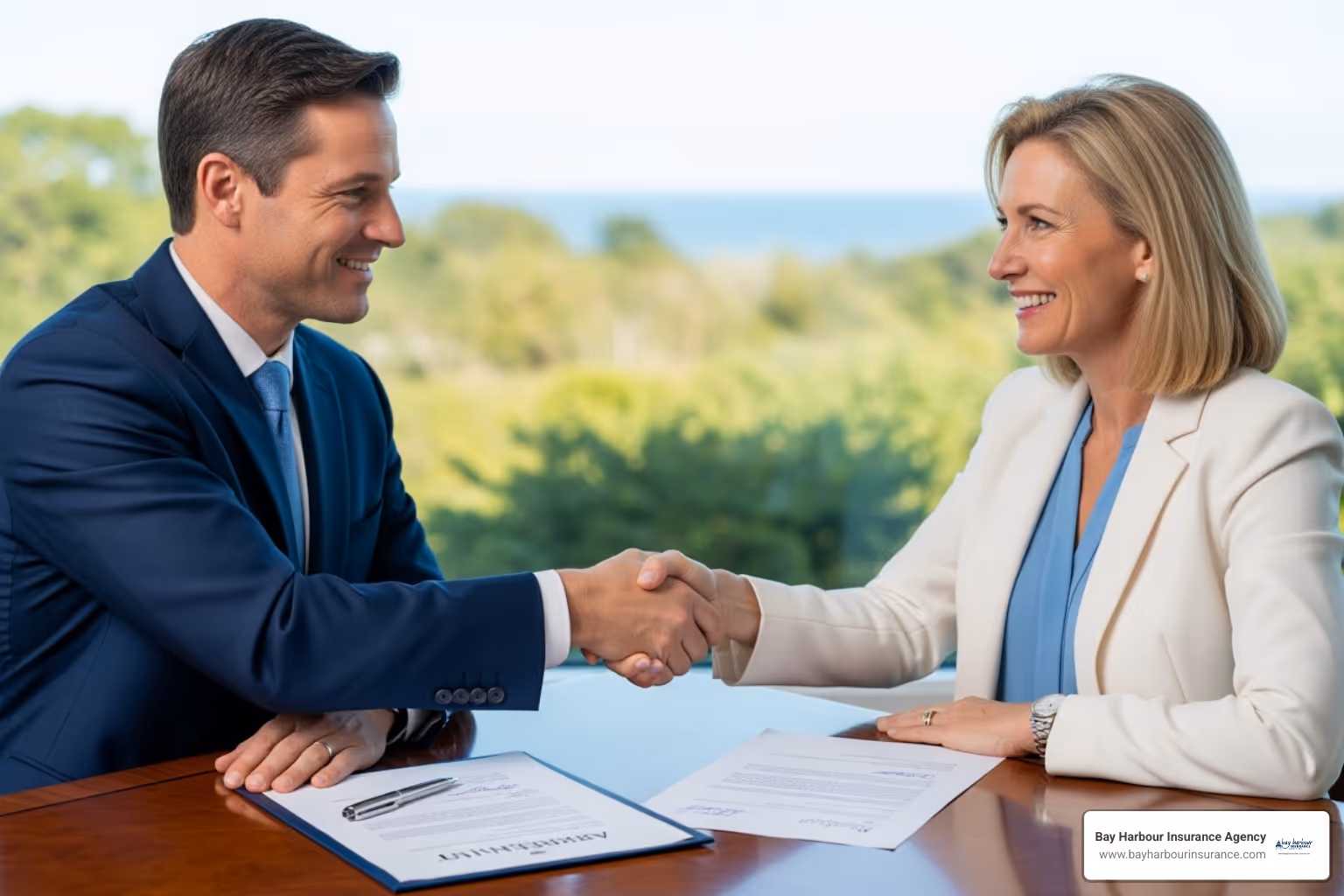 business partners shaking hands over a signed agreement - Business owner protection business partners shaking hands over a signed agreement - Business owner protection
