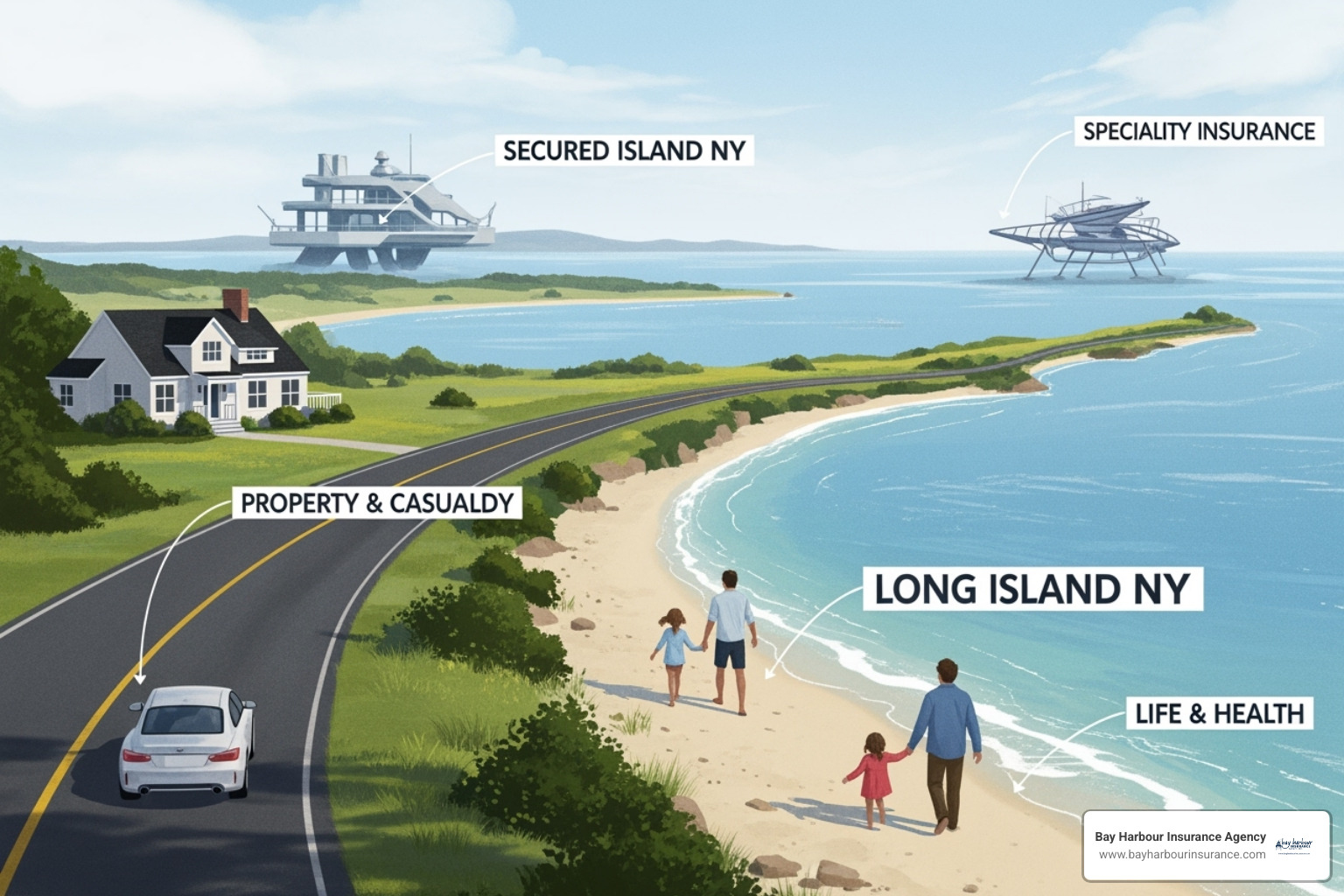 A flowchart illustrating the interconnectedness of Property & Casualty, Life & Health, and Specialty insurance categories, with the Bay Harbour Insurance Agency logo in the bottom left corner - company insurers