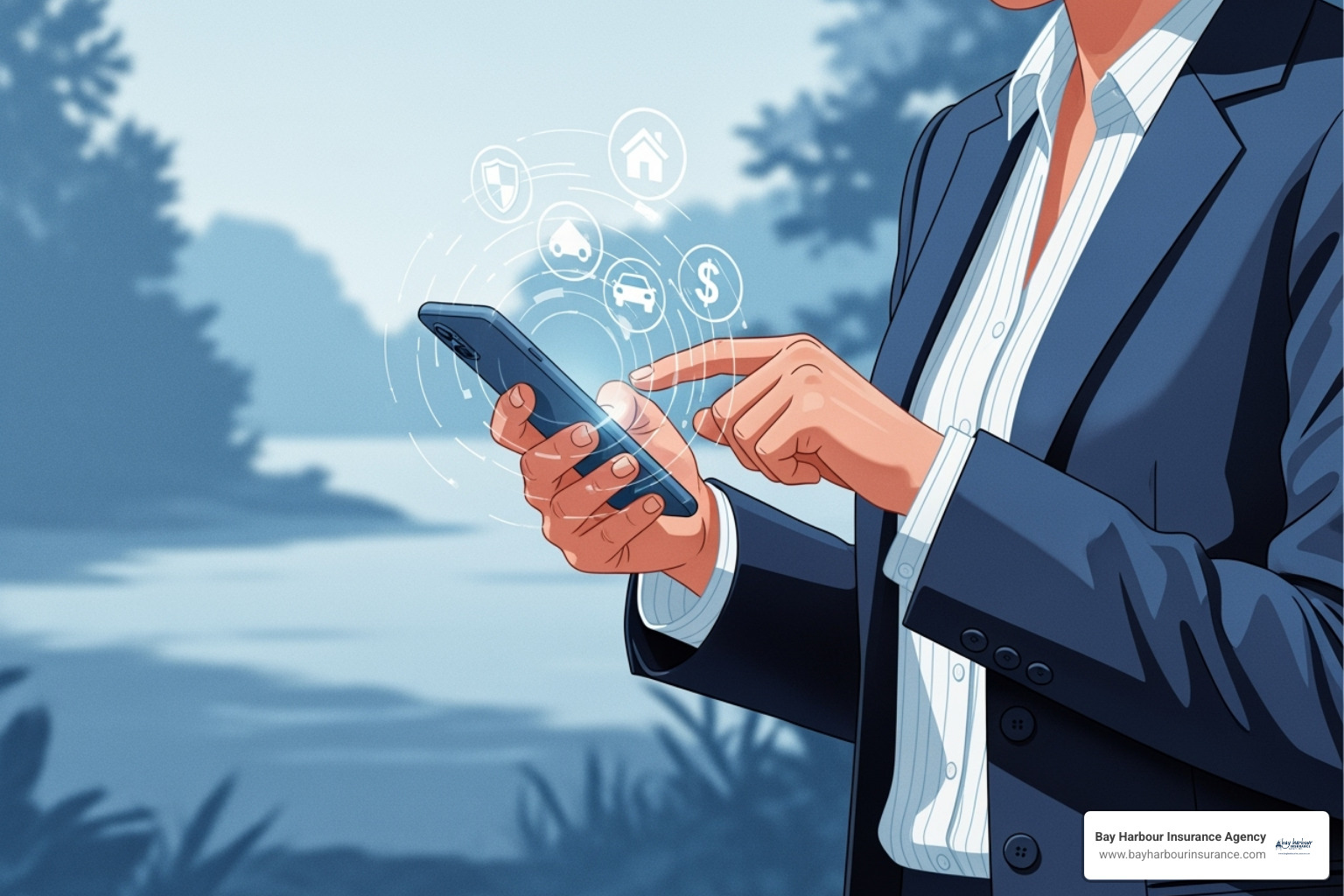 An illustration of a person using a smartphone to manage their insurance policy, with digital icons overlayed, representing modern insurance technology, and the Bay Harbour Insurance Agency logo in the bottom left corner - company insurers