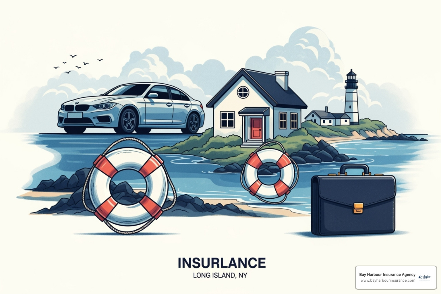 A vibrant illustration of various insurance icons including a car, a house, a lifebuoy, and a briefcase, symbolizing diverse insurance products, with the Bay Harbour Insurance Agency logo in the bottom left corner - company insurers