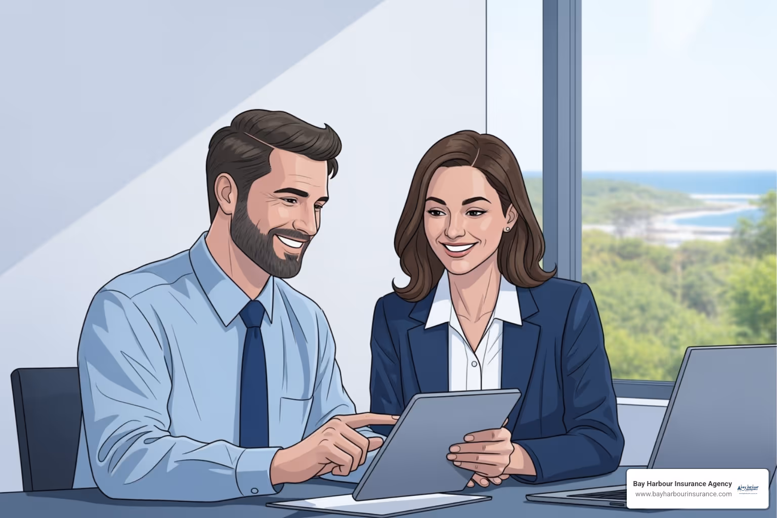 A business owner is shown having a positive, collaborative meeting with an insurance advisor in a well-lit, modern office setting. Both are smiling and looking at a tablet, suggesting a productive discussion. The Bay Harbour Insurance Agency logo is in the bottom left corner. - reasons small business owners should have an insurance policy review A business owner is shown having a positive, collaborative meeting with an insurance advisor in a well-lit, modern office setting. Both are smiling and looking at a tablet, suggesting a productive discussion. The Bay Harbour Insurance Agency logo is in the bottom left corner. - reasons small business owners should have an insurance policy review
