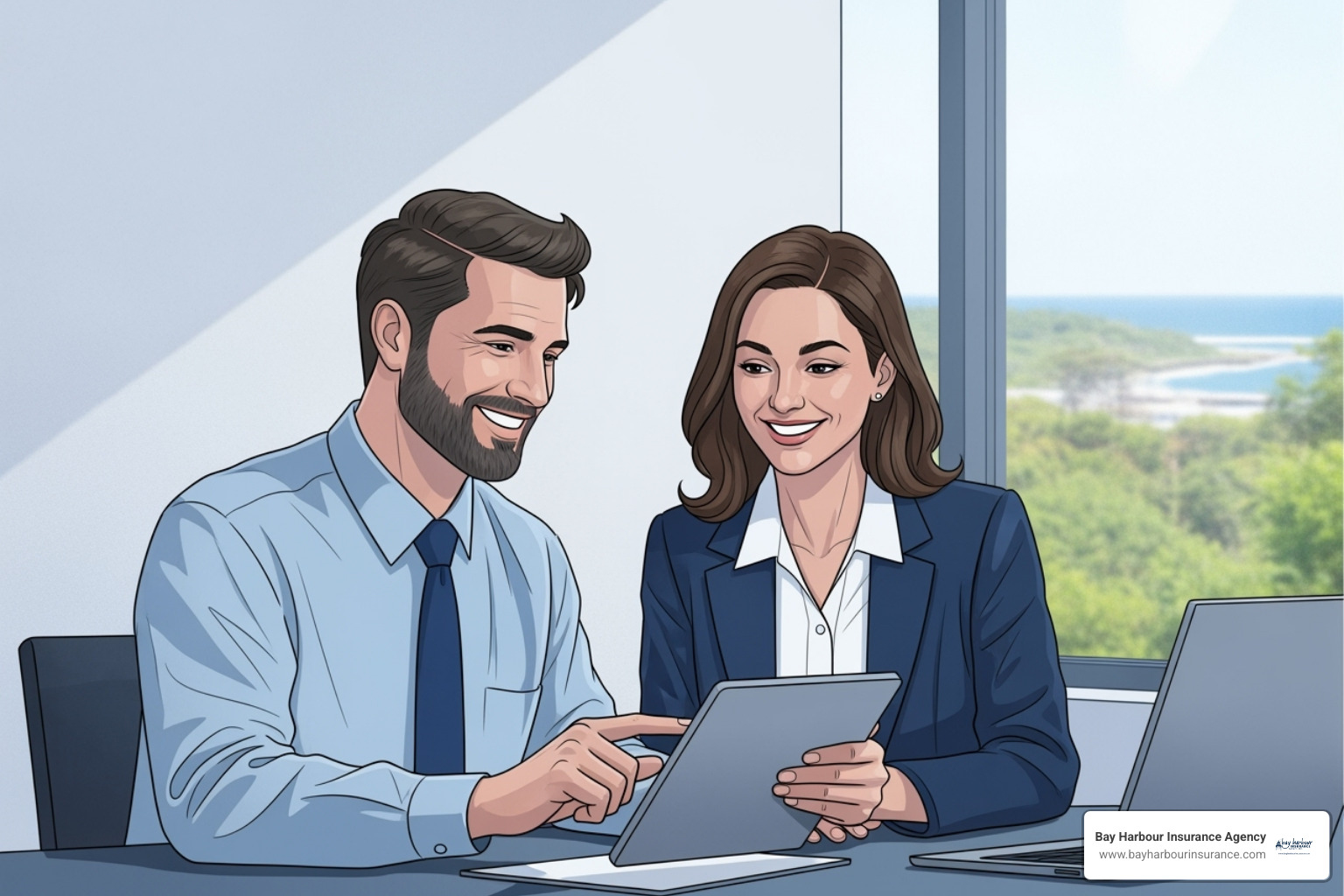 A business owner is shown having a positive, collaborative meeting with an insurance advisor in a well-lit, modern office setting. Both are smiling and looking at a tablet, suggesting a productive discussion. The Bay Harbour Insurance Agency logo is in the bottom left corner. - reasons small business owners should have an insurance policy review A business owner is shown having a positive, collaborative meeting with an insurance advisor in a well-lit, modern office setting. Both are smiling and looking at a tablet, suggesting a productive discussion. The Bay Harbour Insurance Agency logo is in the bottom left corner. - reasons small business owners should have an insurance policy review
