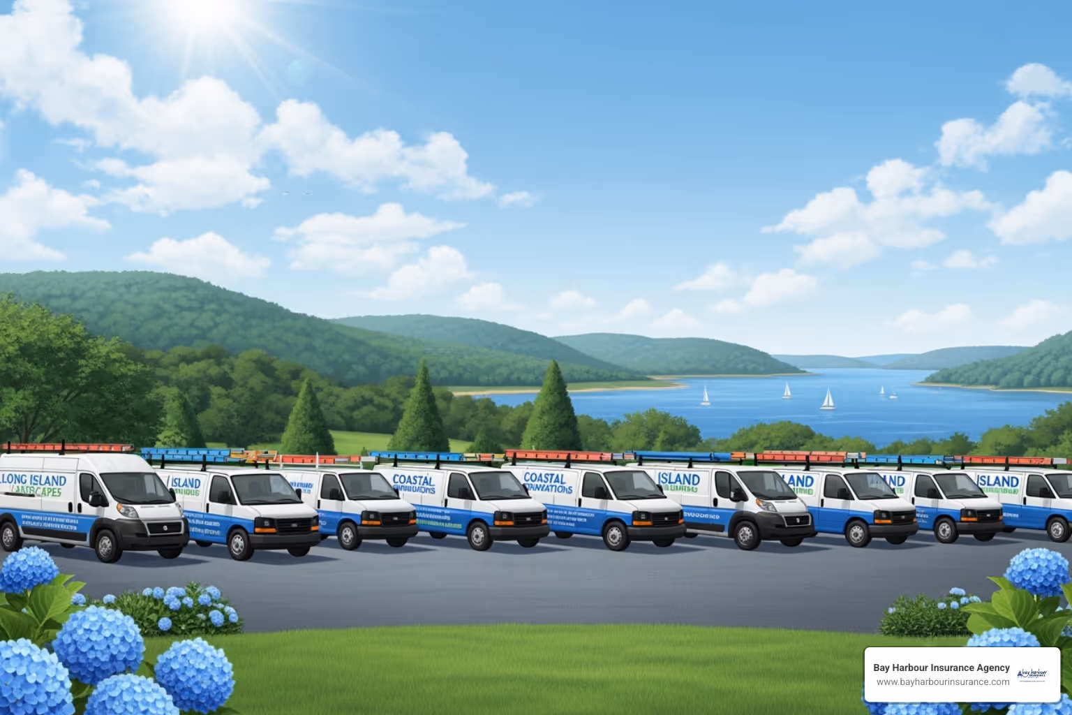 A thriving small business, such as a contractor's van fleet parked in front of a blue sky with subtle clouds, hinting at a Long Island natural environment. The Bay Harbour Insurance Agency logo is in the bottom left corner. - reasons small business owners should have an insurance policy review A thriving small business, such as a contractor's van fleet parked in front of a blue sky with subtle clouds, hinting at a Long Island natural environment. The Bay Harbour Insurance Agency logo is in the bottom left corner. - reasons small business owners should have an insurance policy review