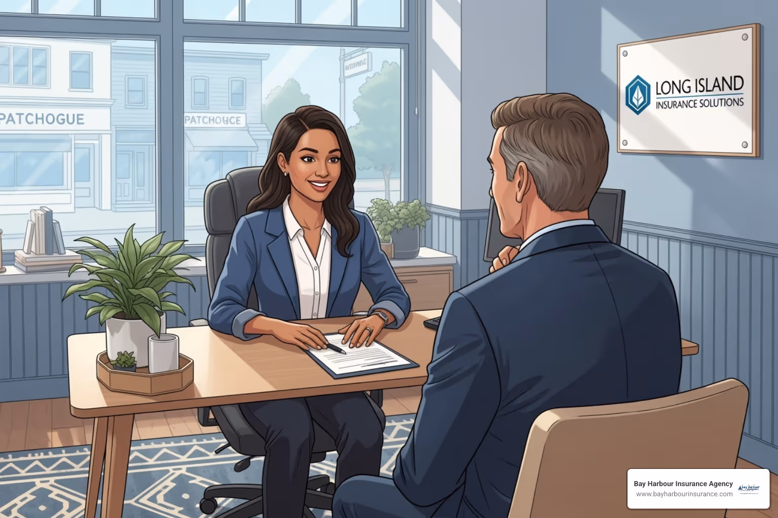 Illustration of a friendly insurance advisor from Bay Harbour Insurance Agency, a diverse, realistic character, consulting warmly with a small business owner in a bright, inviting Patchogue, NY office setting. The Bay Harbour Insurance Agency logo is subtly placed in the bottom left corner, and the scene features subtle textures and realistic shading, with a calming blue and white color palette. - small business owners insurance policy Illustration of a friendly insurance advisor from Bay Harbour Insurance Agency, a diverse, realistic character, consulting warmly with a small business owner in a bright, inviting Patchogue, NY office setting. The Bay Harbour Insurance Agency logo is subtly placed in the bottom left corner, and the scene features subtle textures and realistic shading, with a calming blue and white color palette. - small business owners insurance policy