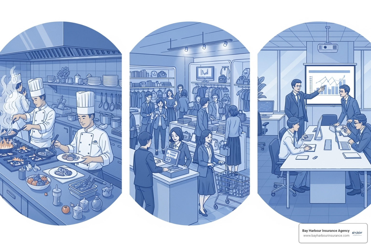 Illustration showing various industry-specific scenarios: a busy restaurant kitchen with chefs and food, a well-stocked retail store with customers browsing, and a professional consultant's office with people collaborating, all within a calming blue and white palette with subtle textures and realistic characters. - small business owners insurance policy