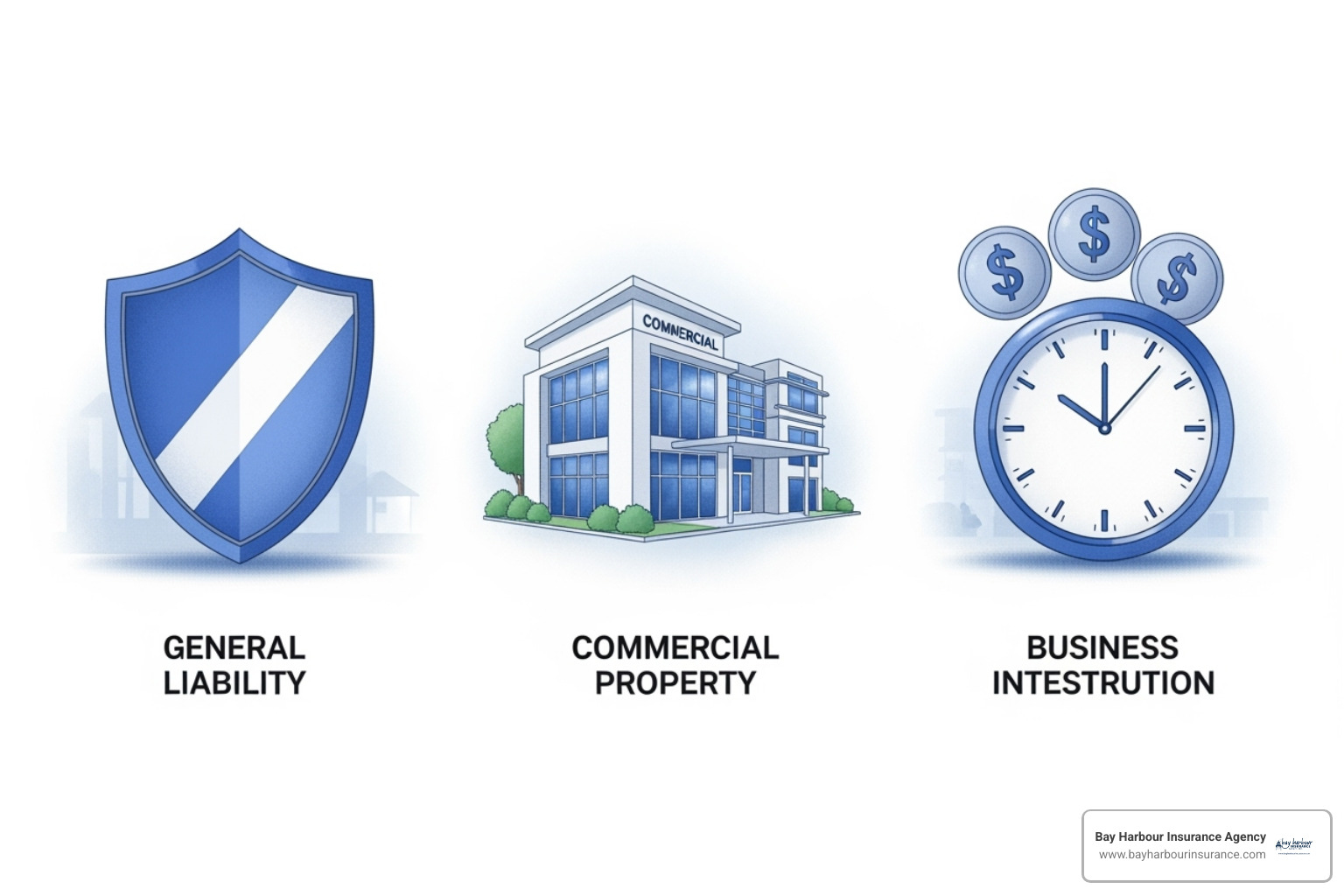 Illustration showing the three core components of a BOP: a shield for General Liability, a building for Commercial Property, and a clock with dollar signs for Business Interruption. The shield is blue and white, the building is modern and inviting, and the clock is sleek, all with subtle textures and realistic shading. - small business owners insurance policy