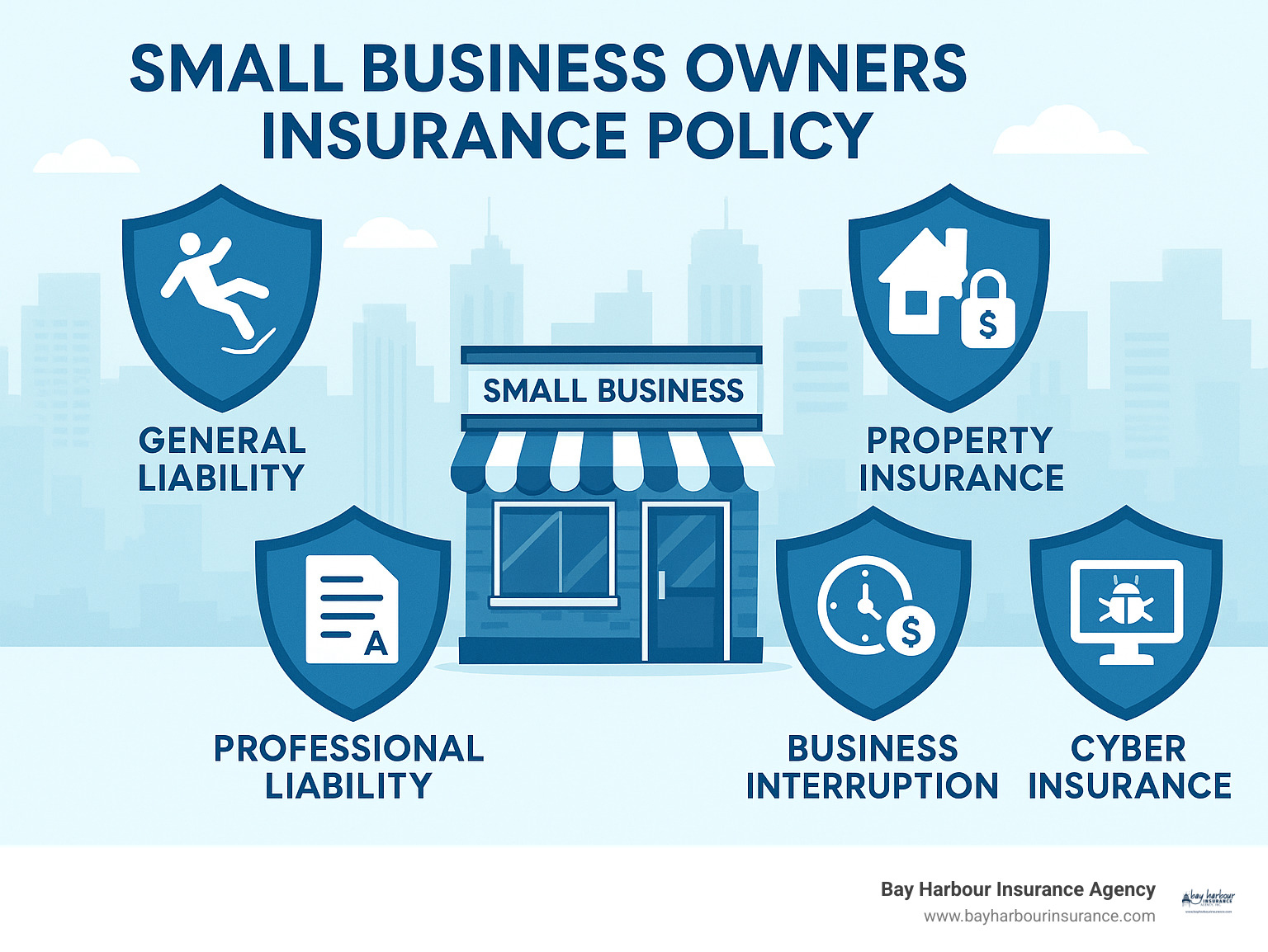 Infographic showing a small business at the center surrounded by protective shields representing different types of insurance coverage - general liability shield blocking a falling person, property insurance shield protecting against fire and theft, business interruption shield with clock and dollar signs, professional liability shield deflecting legal documents, and cyber insurance shield blocking computer viruses, all set against a Long Island business district backdrop with calming blue and white colors - small business owners insurance policy infographic 