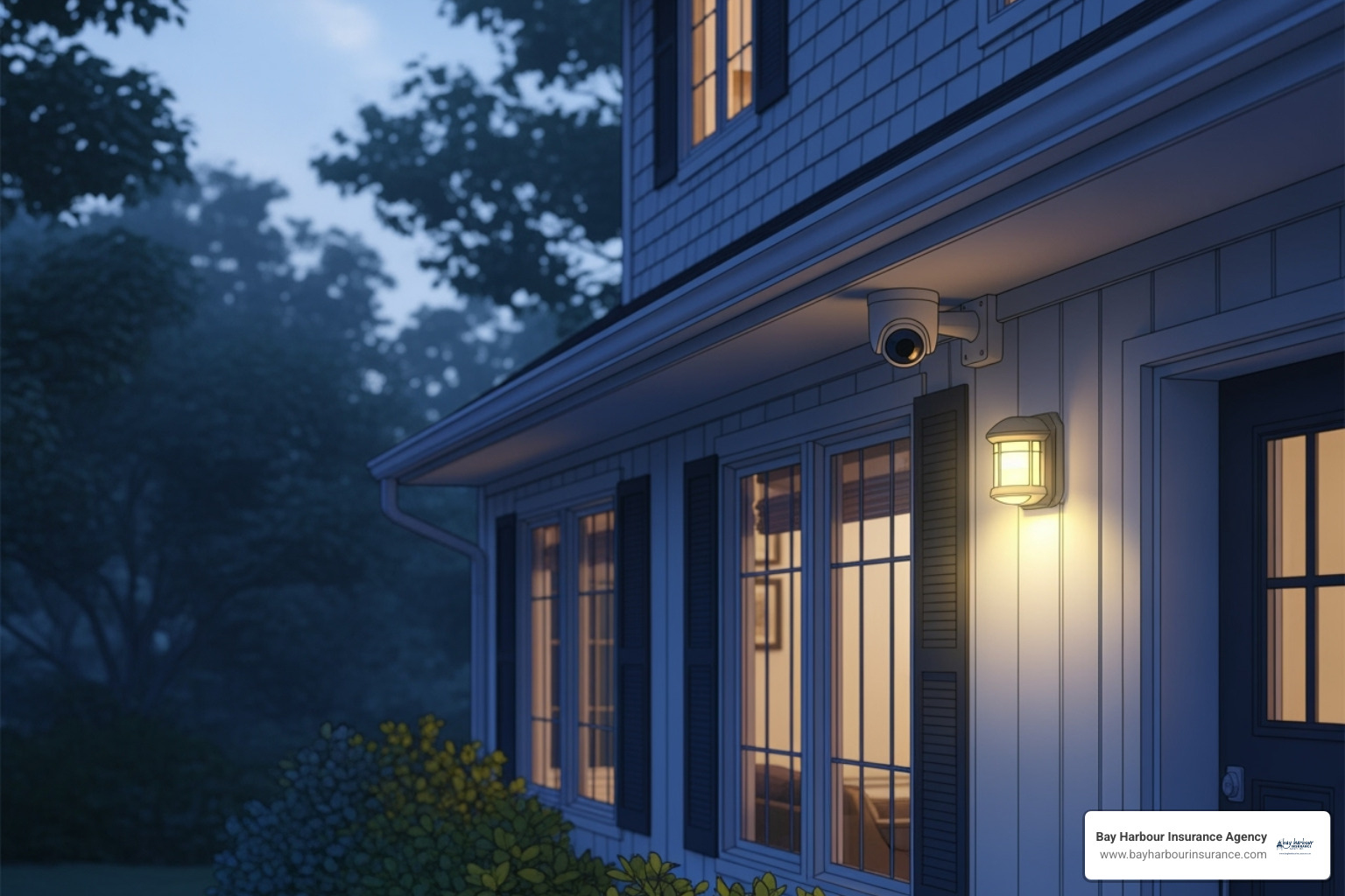 A home with a security camera and motion-activated light - vacant home insurance cost