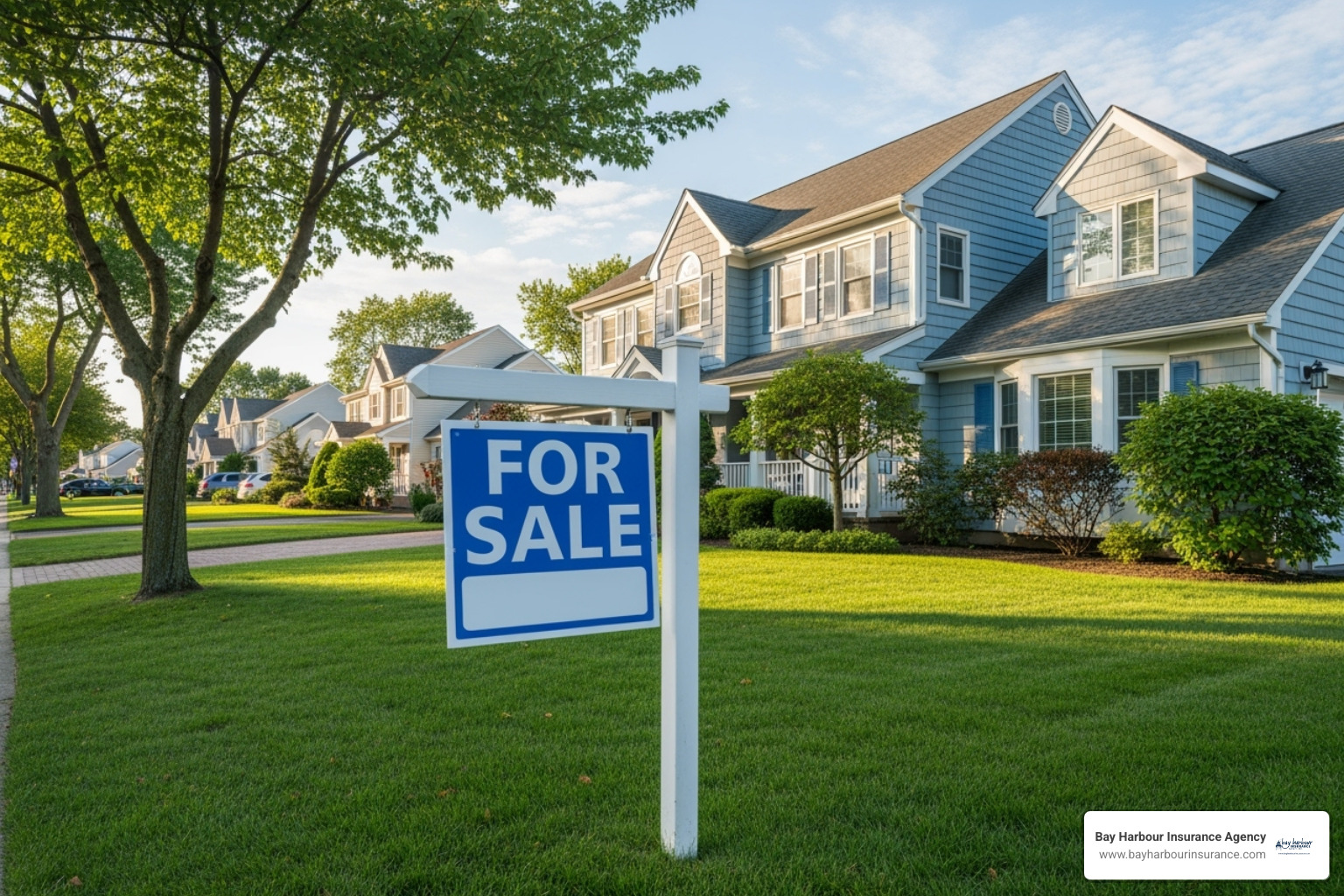 A "For Sale" sign in front of a home on a tree-lined street in Long Island - vacant home insurance cost