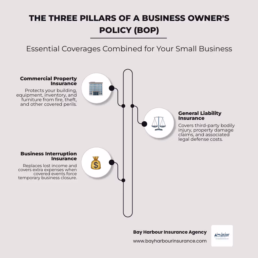 Comprehensive infographic showing the three core pillars of Business Owner's Policy coverage: Commercial Property Insurance (depicted with building and inventory icons), General Liability Insurance (shown with people and legal symbols), and Business Interruption Insurance (illustrated with calendar and dollar signs), all connected under a protective BOP umbrella with Long Island business storefronts in the background - coverage provided under a bop is infographic infographic-line-3-steps-neat_beige Comprehensive infographic showing the three core pillars of Business Owner's Policy coverage: Commercial Property Insurance (depicted with building and inventory icons), General Liability Insurance (shown with people and legal symbols), and Business Interruption Insurance (illustrated with calendar and dollar signs), all connected under a protective BOP umbrella with Long Island business storefronts in the background - coverage provided under a bop is infographic infographic-line-3-steps-neat_beige