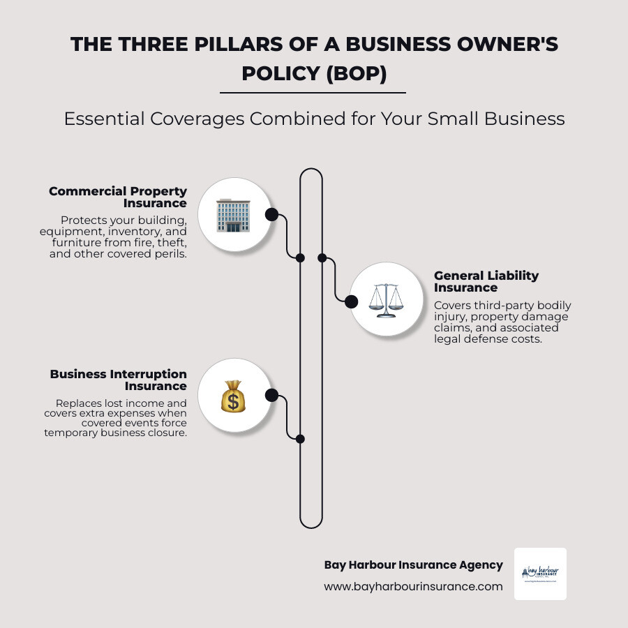 Comprehensive infographic showing the three core pillars of Business Owner's Policy coverage: Commercial Property Insurance (depicted with building and inventory icons), General Liability Insurance (shown with people and legal symbols), and Business Interruption Insurance (illustrated with calendar and dollar signs), all connected under a protective BOP umbrella with Long Island business storefronts in the background - coverage provided under a bop is infographic infographic-line-3-steps-neat_beige Comprehensive infographic showing the three core pillars of Business Owner's Policy coverage: Commercial Property Insurance (depicted with building and inventory icons), General Liability Insurance (shown with people and legal symbols), and Business Interruption Insurance (illustrated with calendar and dollar signs), all connected under a protective BOP umbrella with Long Island business storefronts in the background - coverage provided under a bop is infographic infographic-line-3-steps-neat_beige