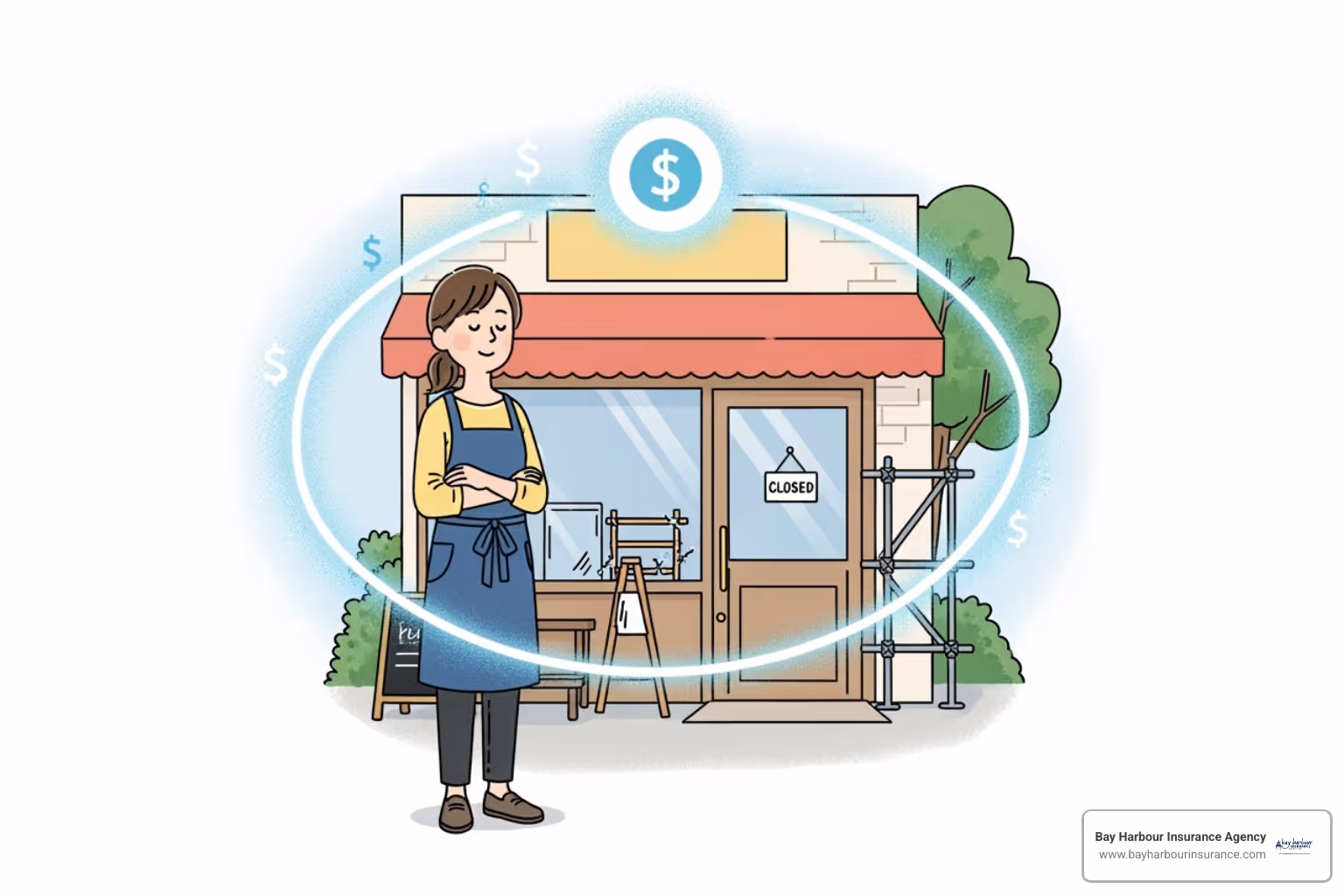 illustration of business owner outside of their shop - business income coverage in long island new york concept