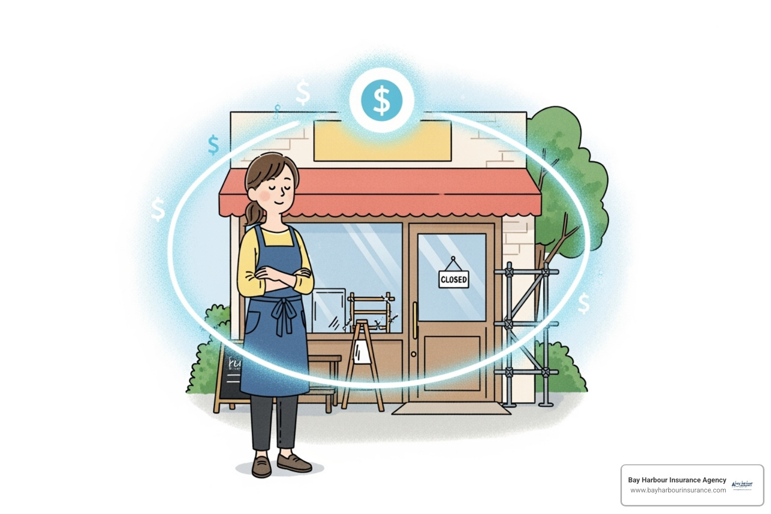 illustration of business owner outside of their shop - business income coverage in long island new york concept