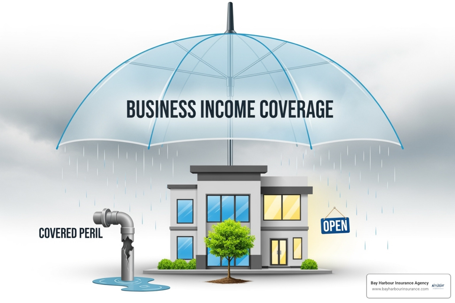 magnifying glass over an insurance policy document with the Bay Harbour Insurance Agency logo in the bottom left corner - Business income coverage