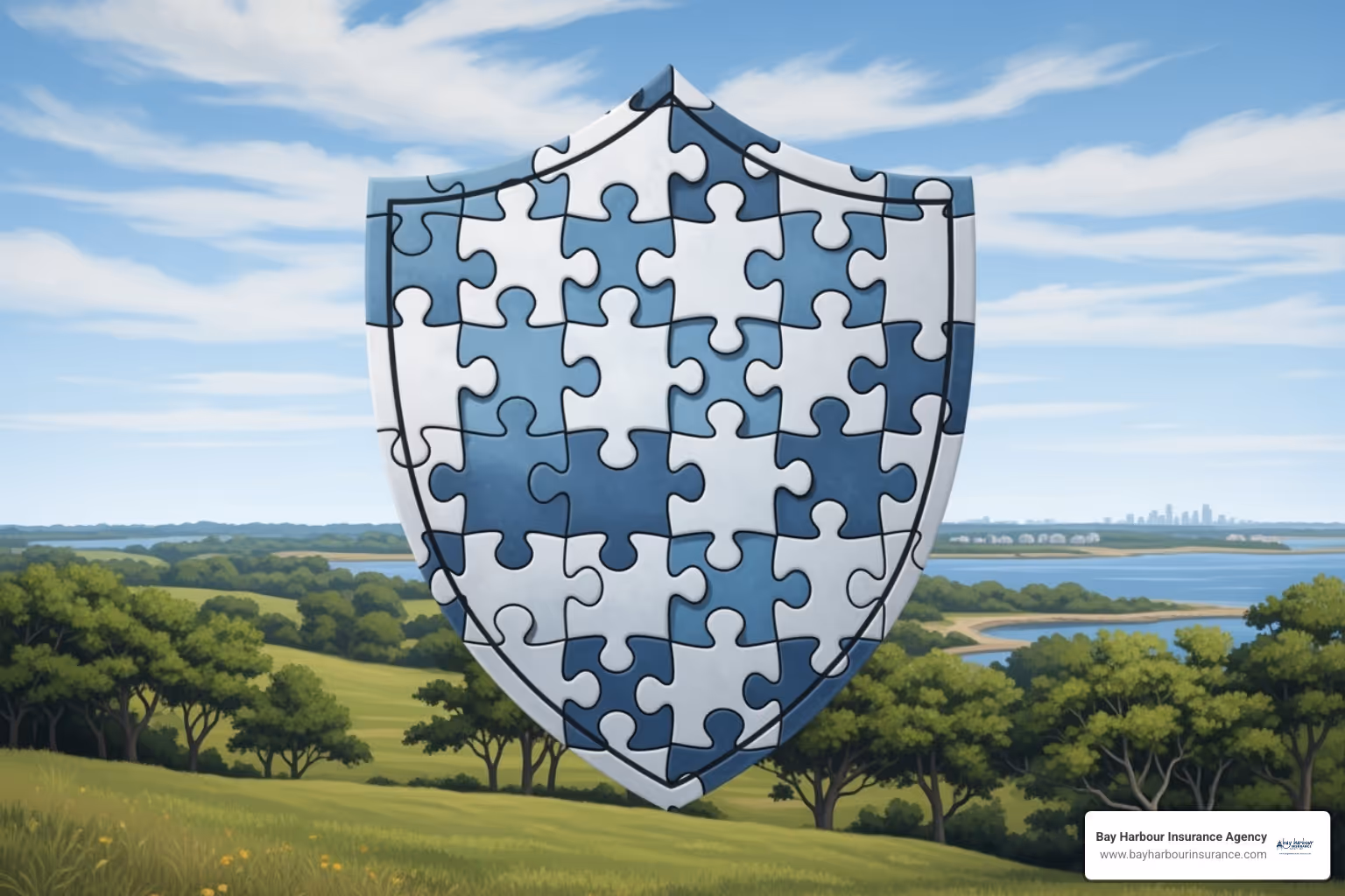 puzzle pieces labeled with endorsement names (Extra Expense, CBI, etc.) fitting together to form a shield with the Bay Harbour Insurance Agency logo in the bottom left corner - Business income coverage puzzle pieces labeled with endorsement names (Extra Expense, CBI, etc.) fitting together to form a shield with the Bay Harbour Insurance Agency logo in the bottom left corner - Business income coverage