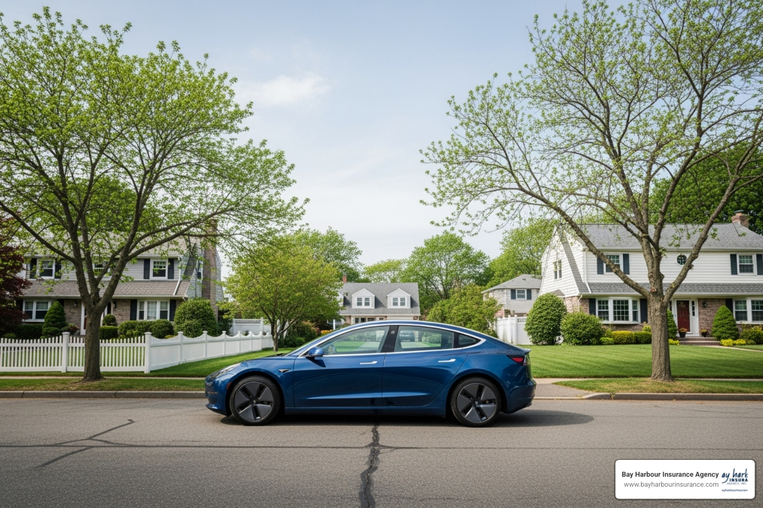 blue car parked in front of medford ny suburban street - medford auto insurance quotes