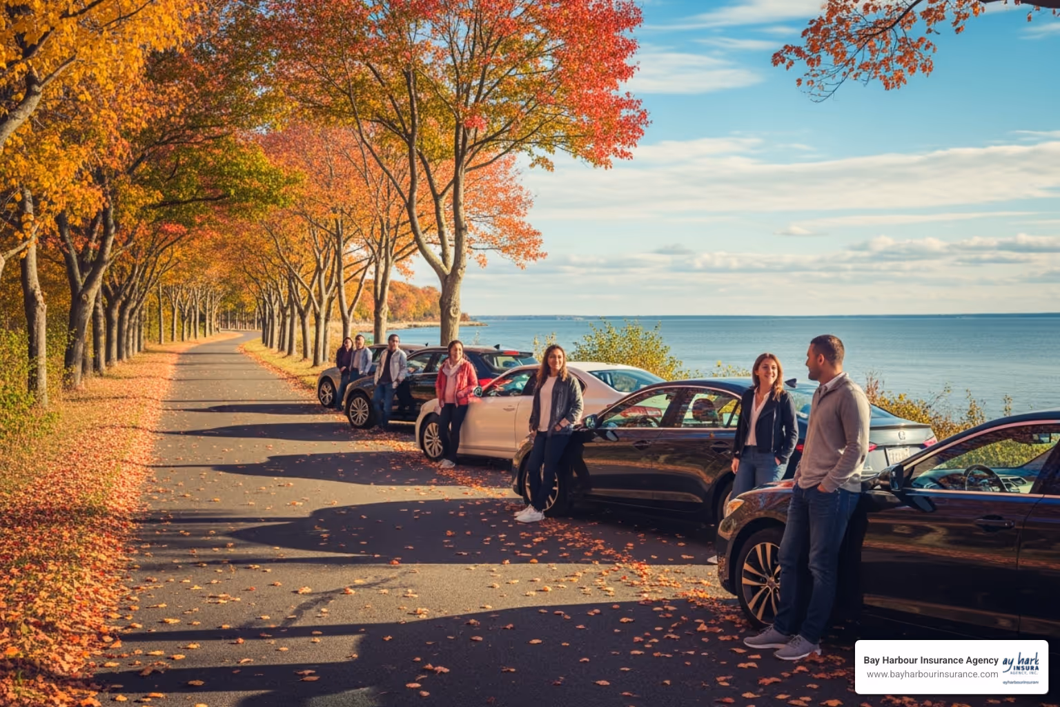 A diverse group of drivers happily standing next to their cars, which are parked on a scenic Long Island road with autumn foliage. The image uses subtle textures, realistic shading, and a calming blue and white color palette. - medford auto insurance quotes