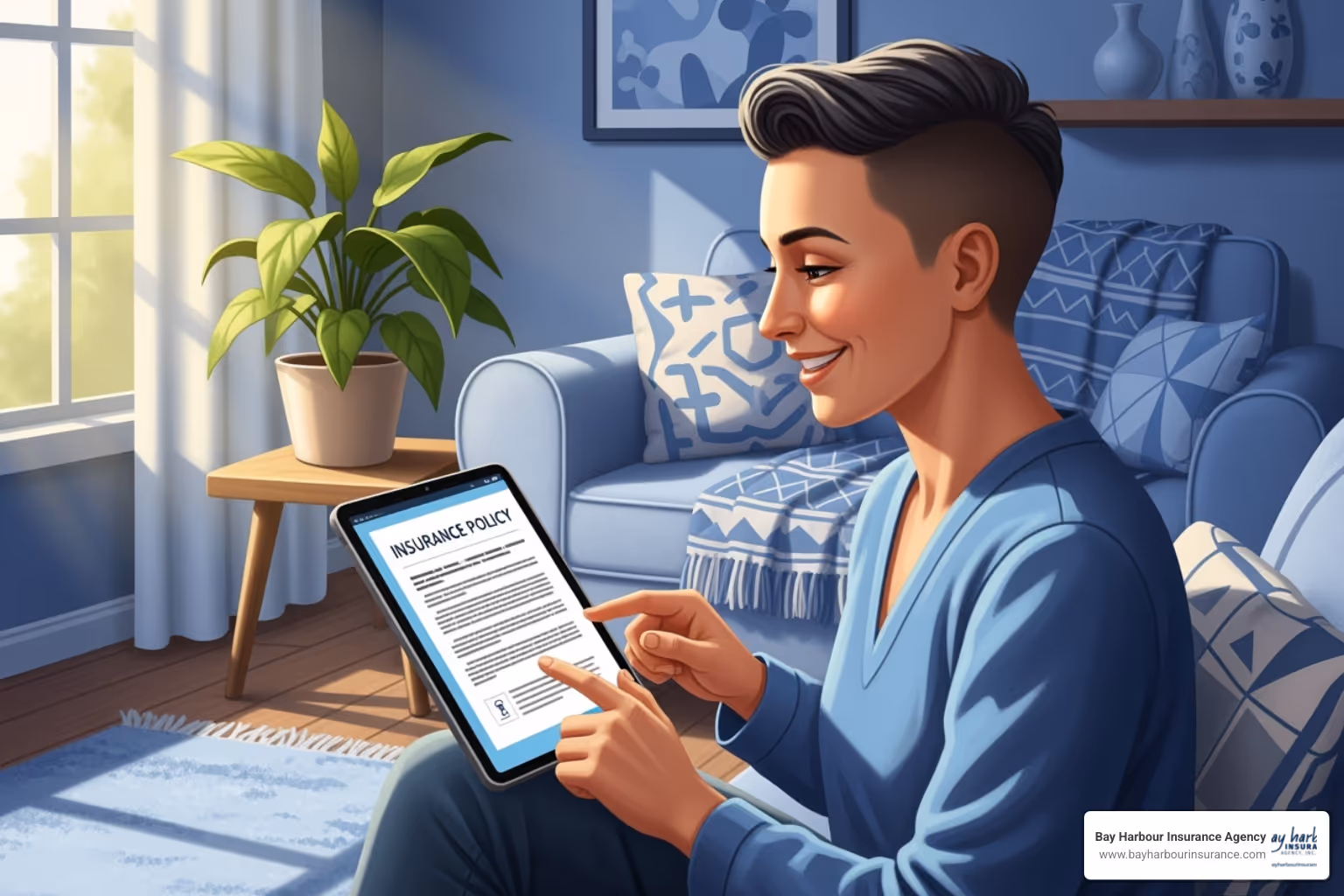 A person smiling genuinely while reviewing an insurance policy on a tablet, with a backdrop of a sunlit, comfortable living room. The illustration uses subtle textures, realistic shading, and a calming blue and white color palette. - medford auto insurance quotes