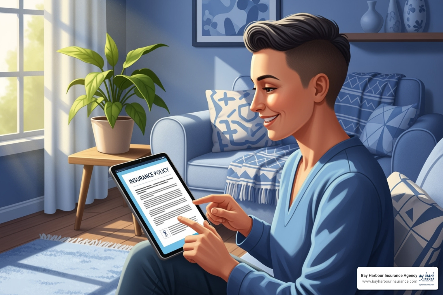 A person smiling genuinely while reviewing an insurance policy on a tablet, with a backdrop of a sunlit, comfortable living room. The illustration uses subtle textures, realistic shading, and a calming blue and white color palette. - medford auto insurance quotes