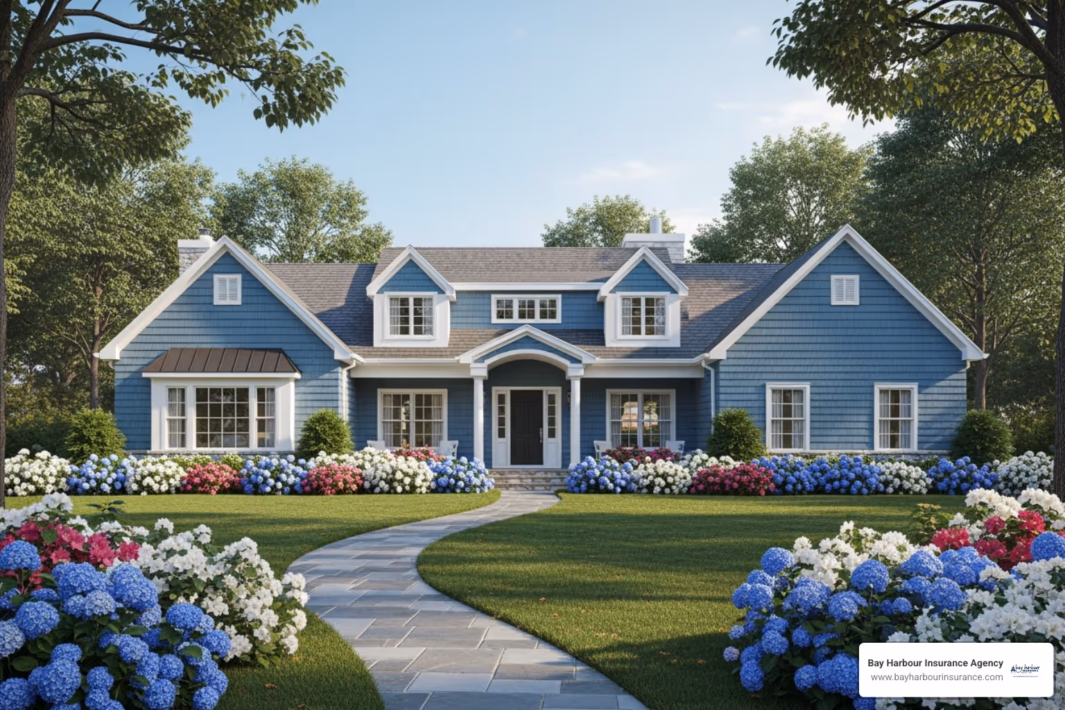 beautiful blue long island home in summer with flowers blooming - vacant home insurance in new york concept