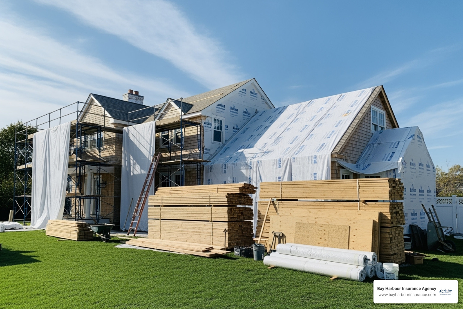 A serene Long Island home undergoing extensive renovations, with construction materials neatly stacked and a clear blue sky above - vacant home insurance