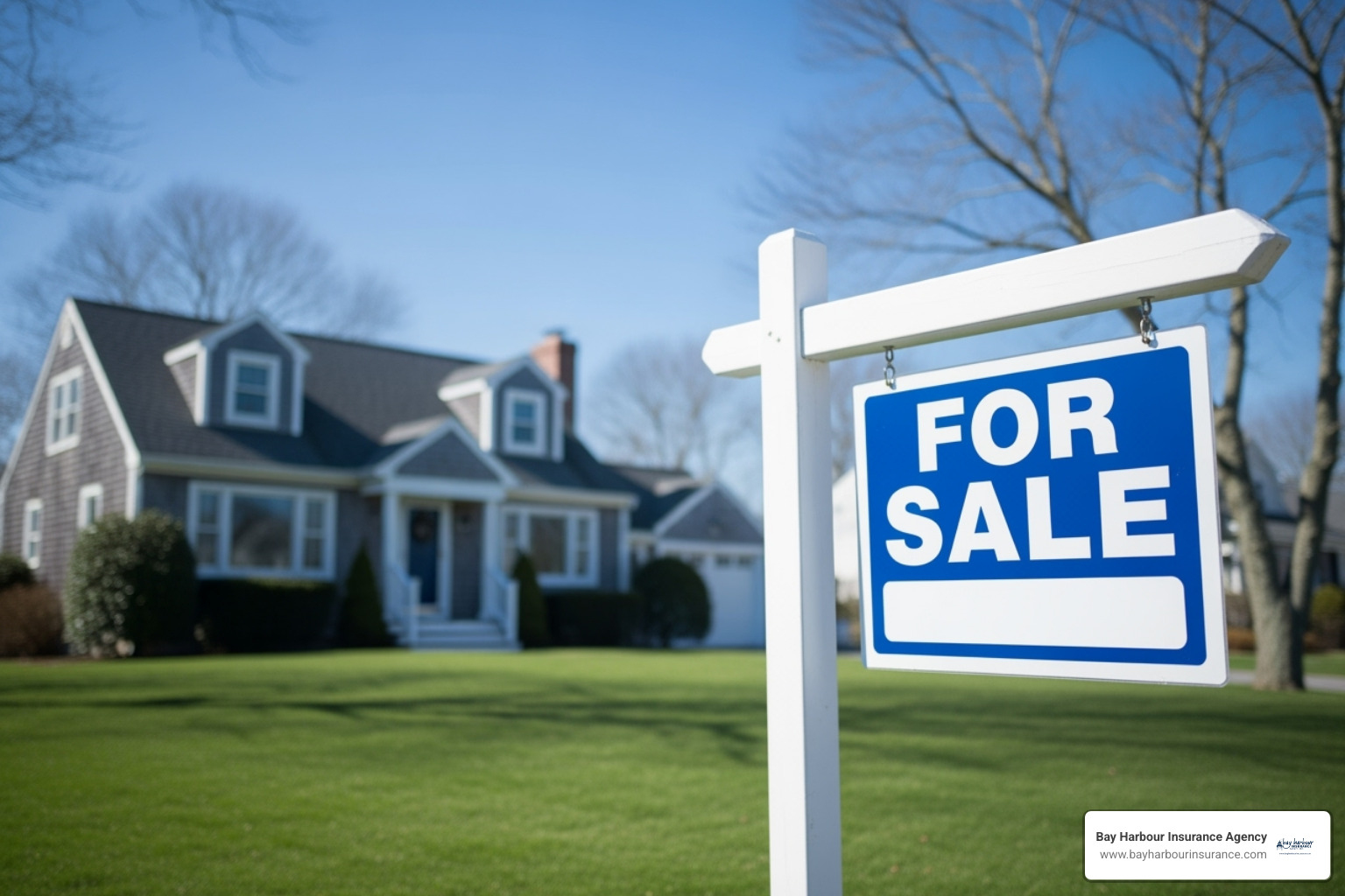 A "For Sale" sign in front of a charming house in Holbrook, with clear blue skies and lush green lawn - vacant home insurance
