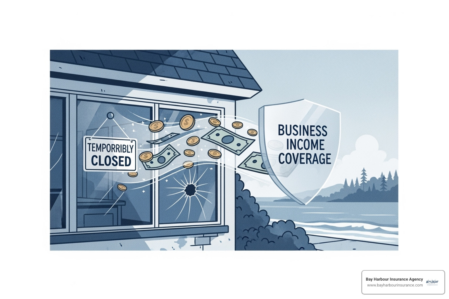 business income coverage - in a business owners policy business income coverage, with Bay Harbour Insurance logo in the bottom-left corner